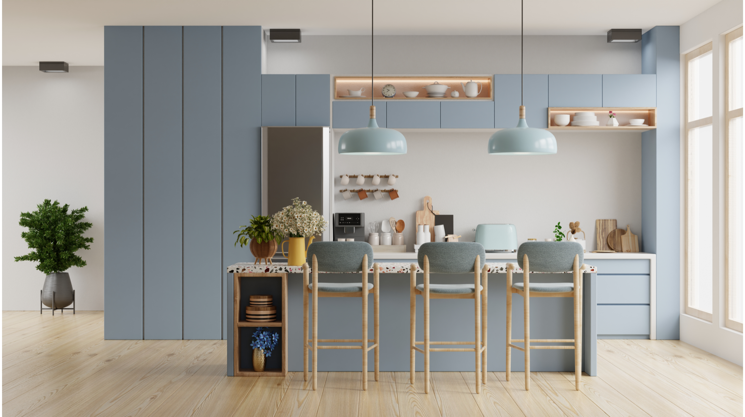 modern gray kitchen with open shelving