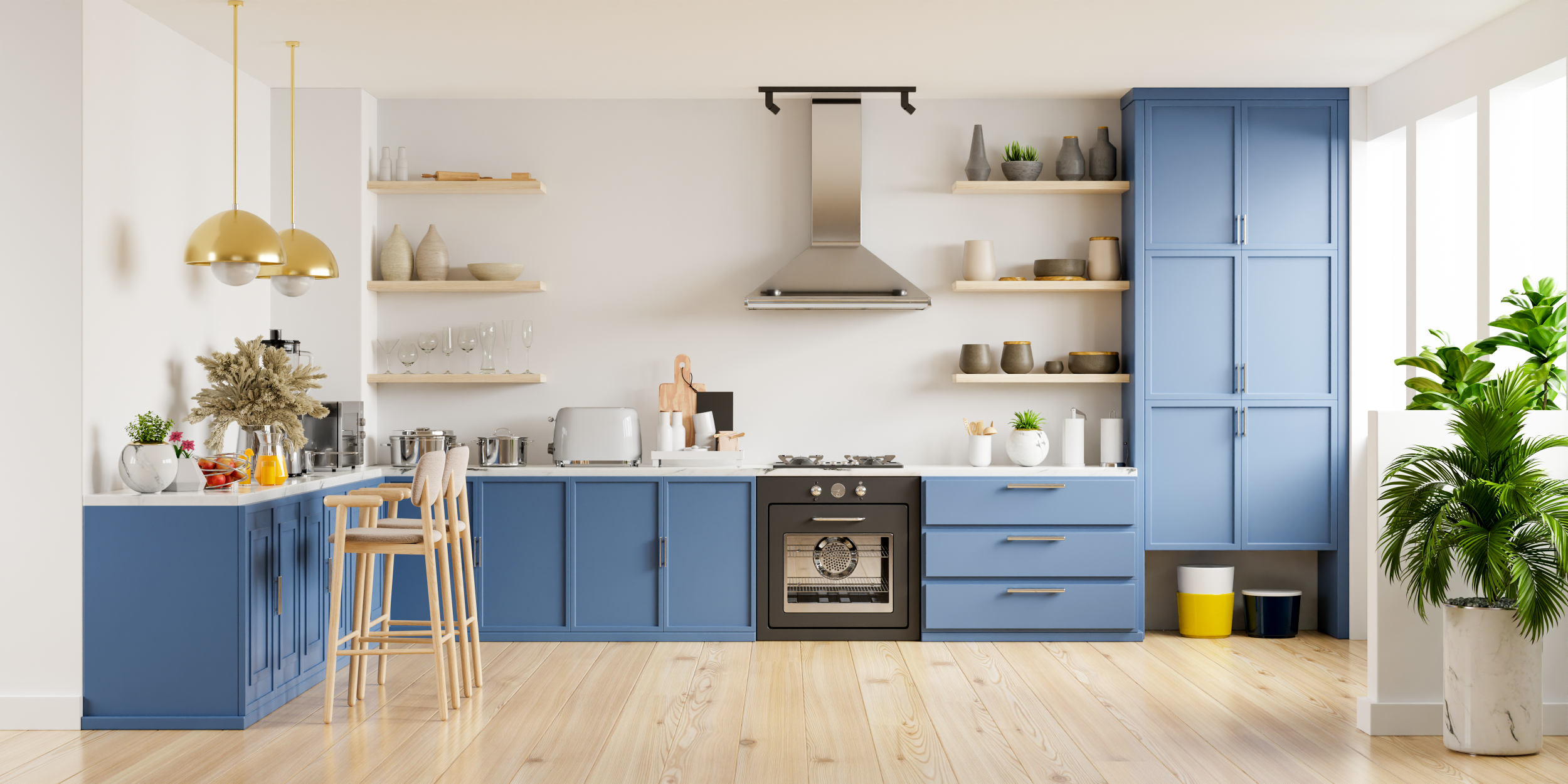 white kitchen with smoky blue cabinets