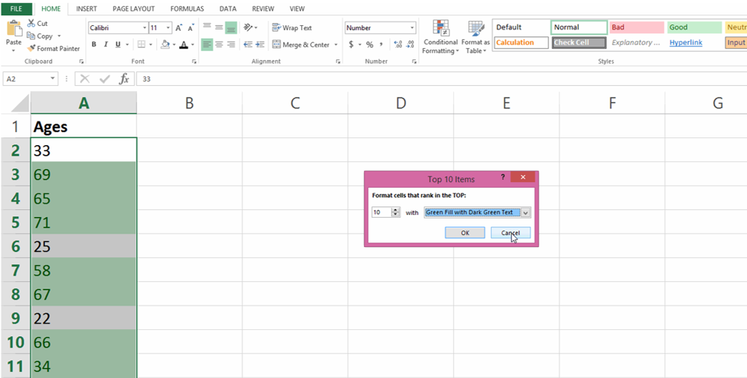 Microsoft Excel number formatting by color.