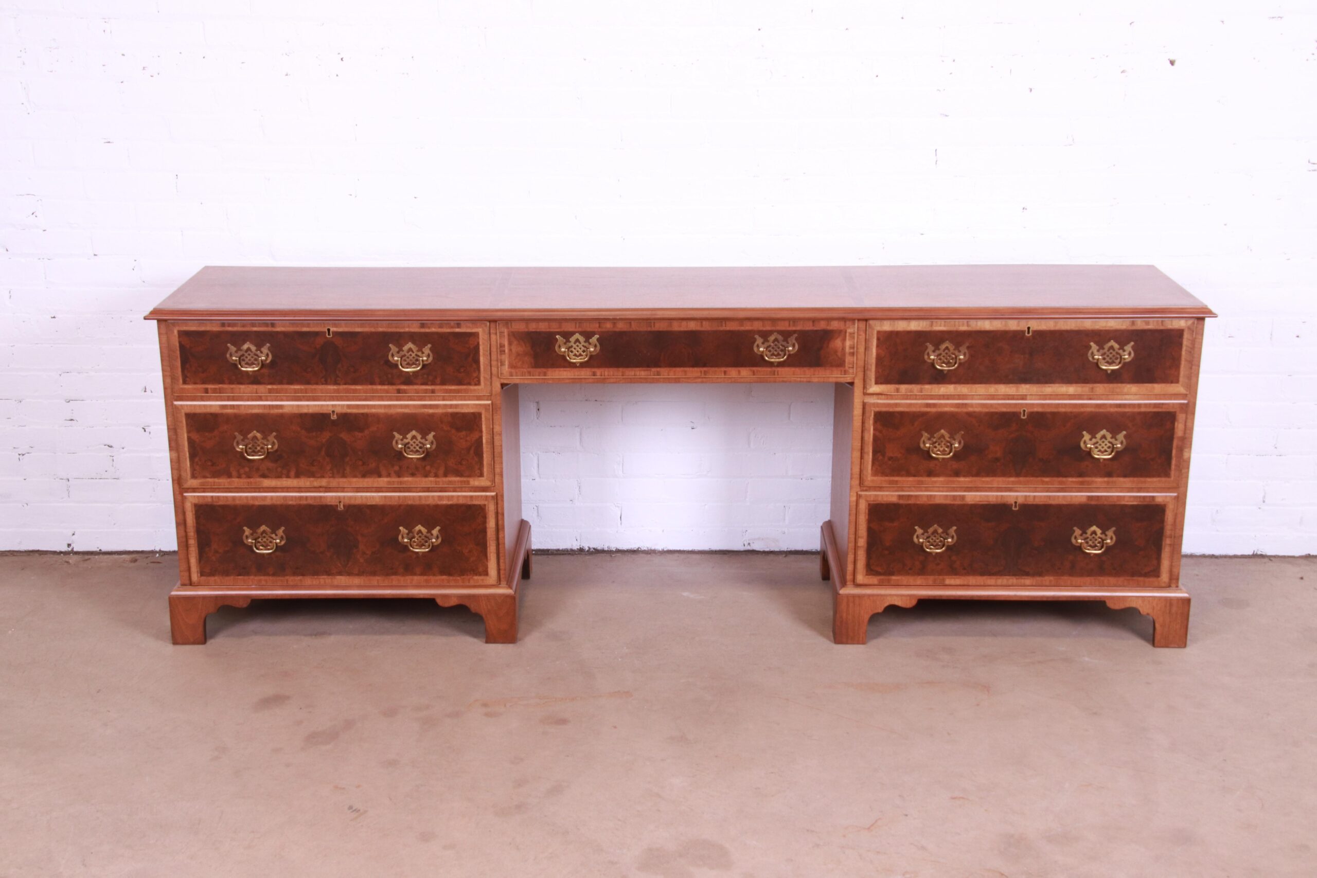 Baker Furniture Georgian Burled Walnut Executive Credenza Desk, Newly Refinished - Image 3