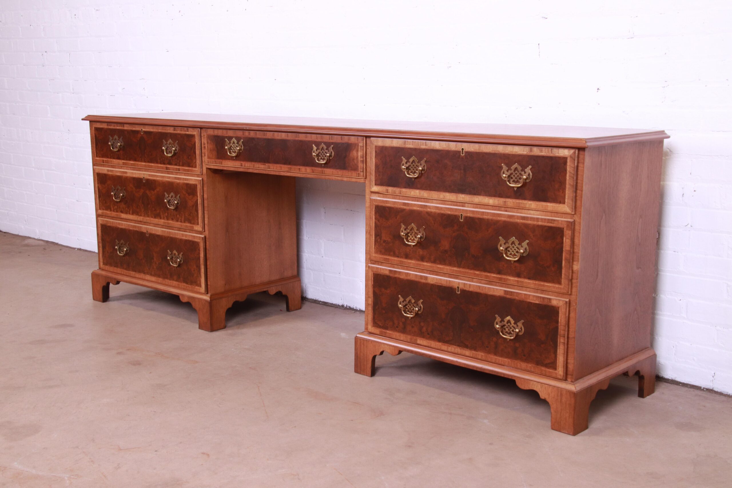 Baker Furniture Georgian Burled Walnut Executive Credenza Desk, Newly Refinished - Image 5