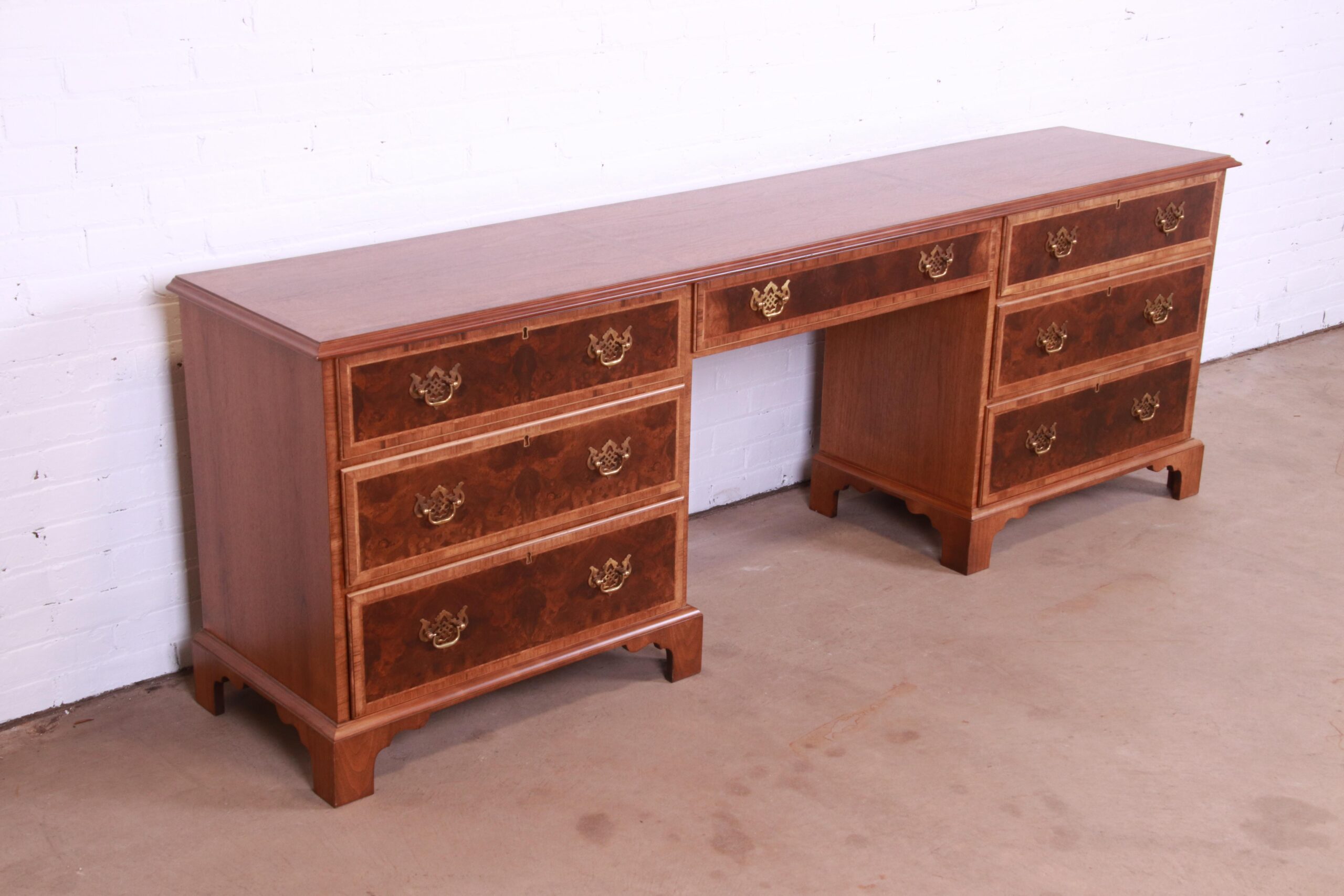 Baker Furniture Georgian Burled Walnut Executive Credenza Desk, Newly Refinished - Image 7