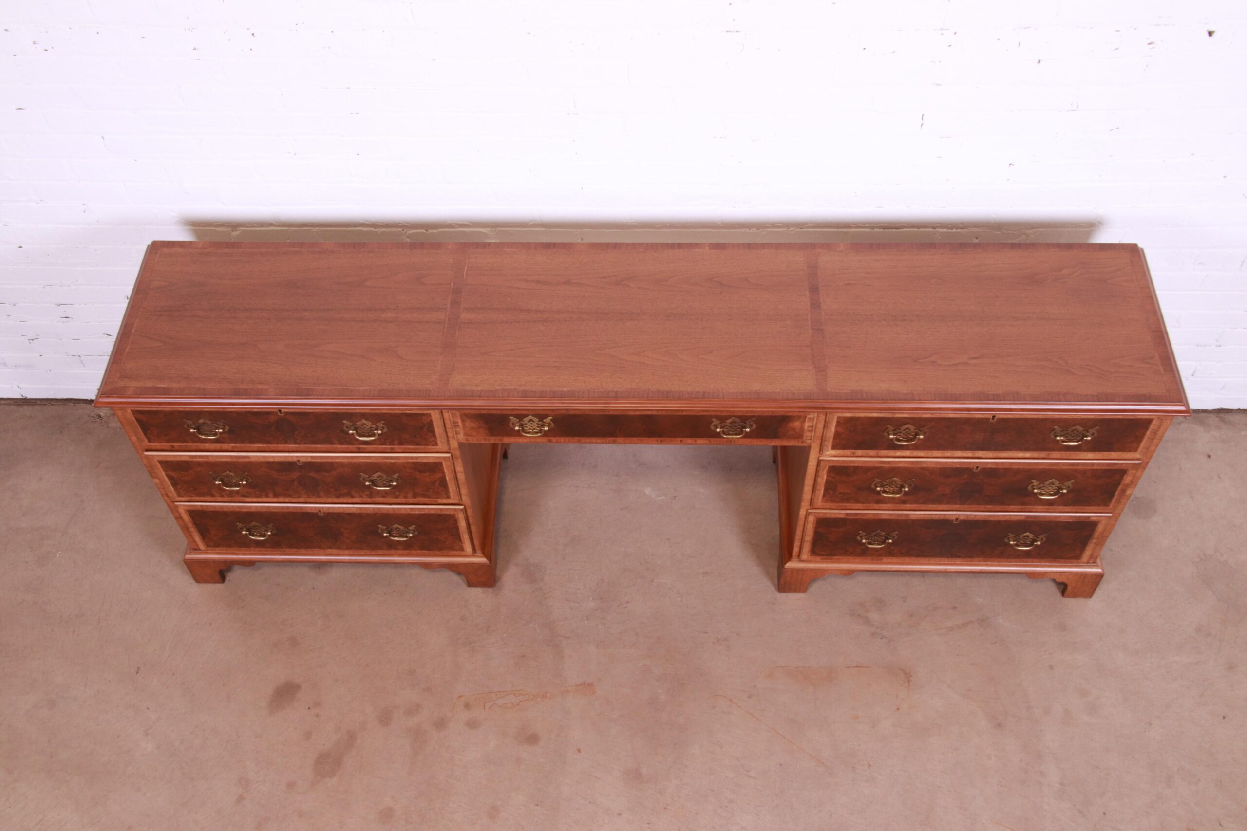 Baker Furniture Georgian Burled Walnut Executive Credenza Desk, Newly Refinished - Image 8