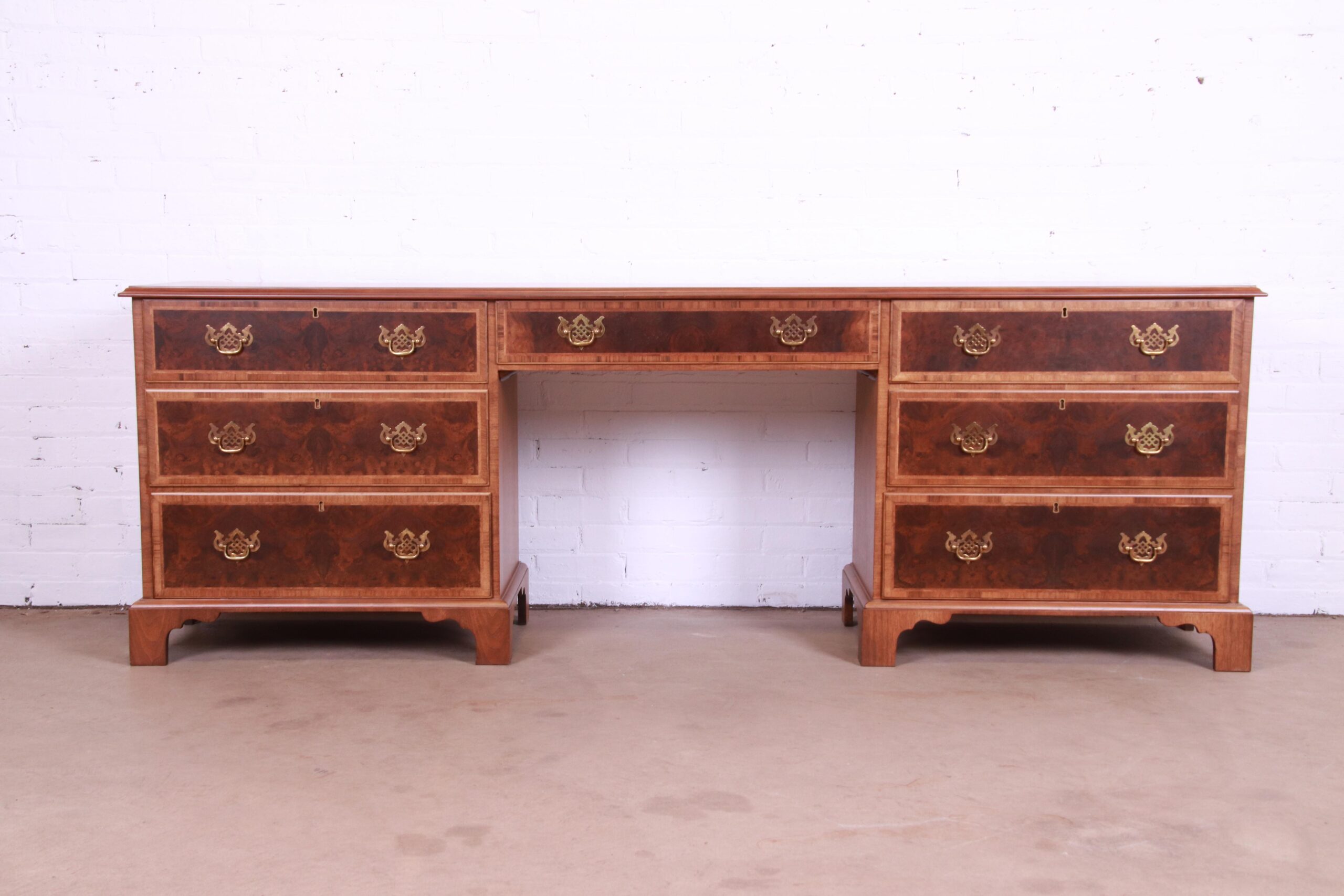 Baker Furniture Georgian Burled Walnut Executive Credenza Desk, Newly Refinished
