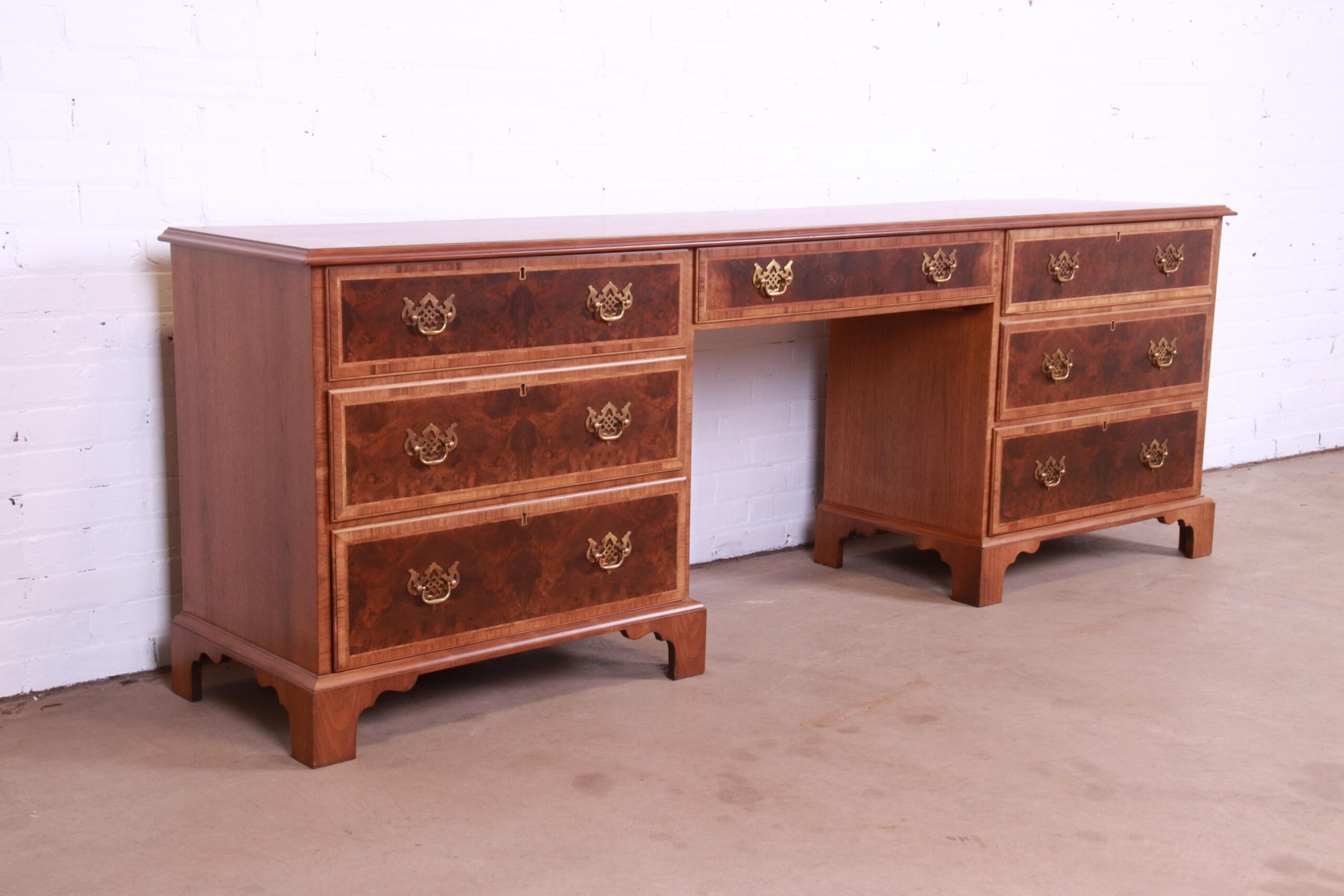 Baker Furniture Georgian Burled Walnut Executive Credenza Desk, Newly Refinished - Image 6