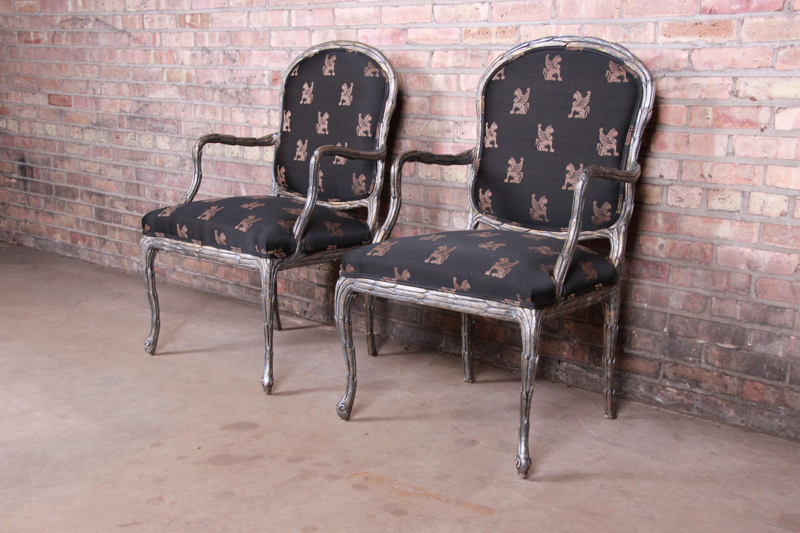 Baker Furniture Louis XV Silver Gilt Fauteuils, Pair