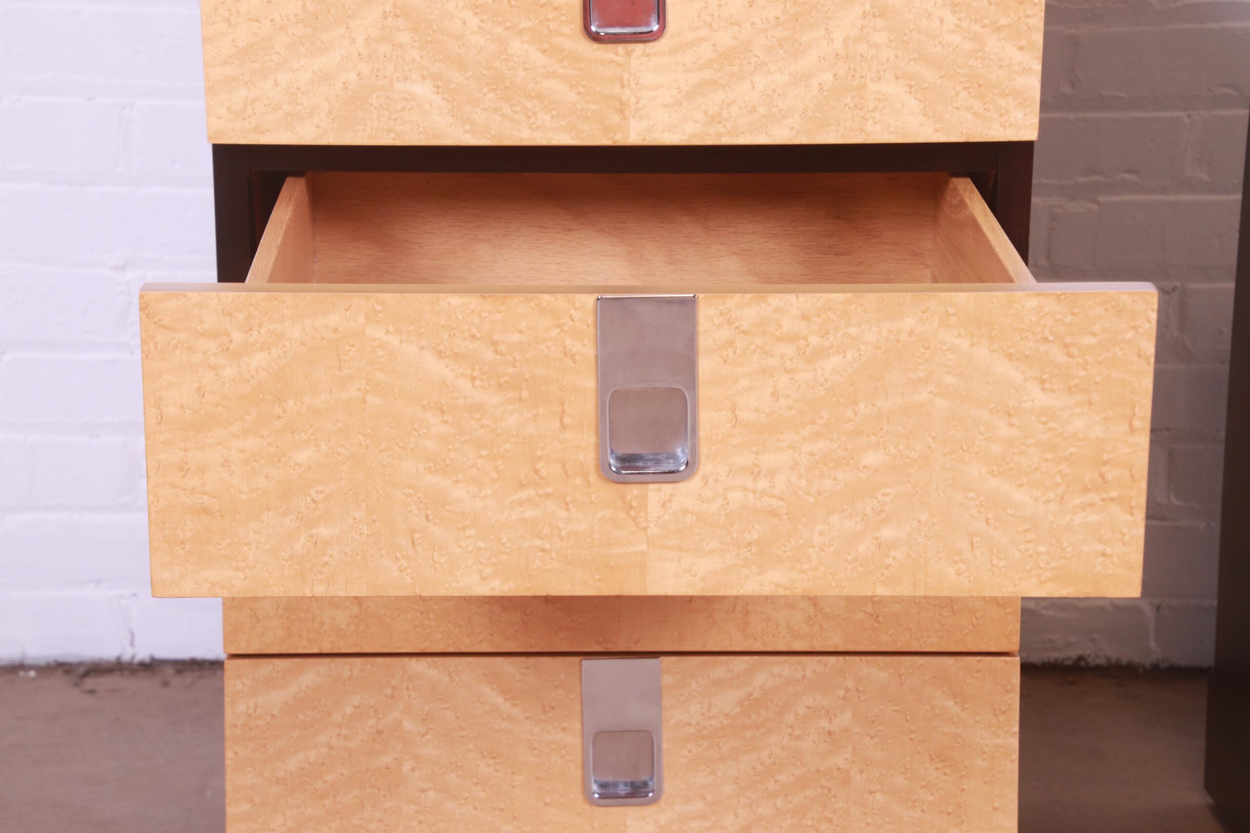 Baker Furniture Mid-Century Modern Birdseye Maple and Ebonized Bedside Chests, Newly Refinished - Image 8