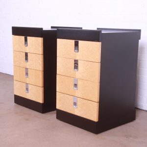 Baker Furniture Mid-Century Modern Birdseye Maple and Ebonized Bedside Chests, Newly Refinished