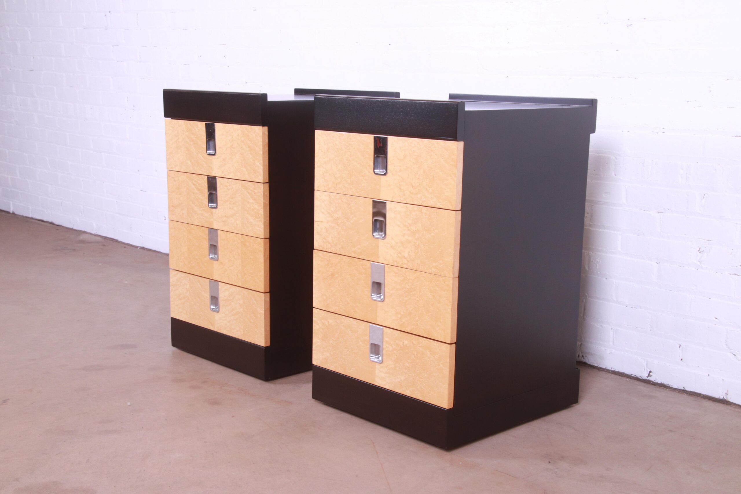 Baker Furniture Mid-Century Modern Birdseye Maple and Ebonized Bedside Chests, Newly Refinished