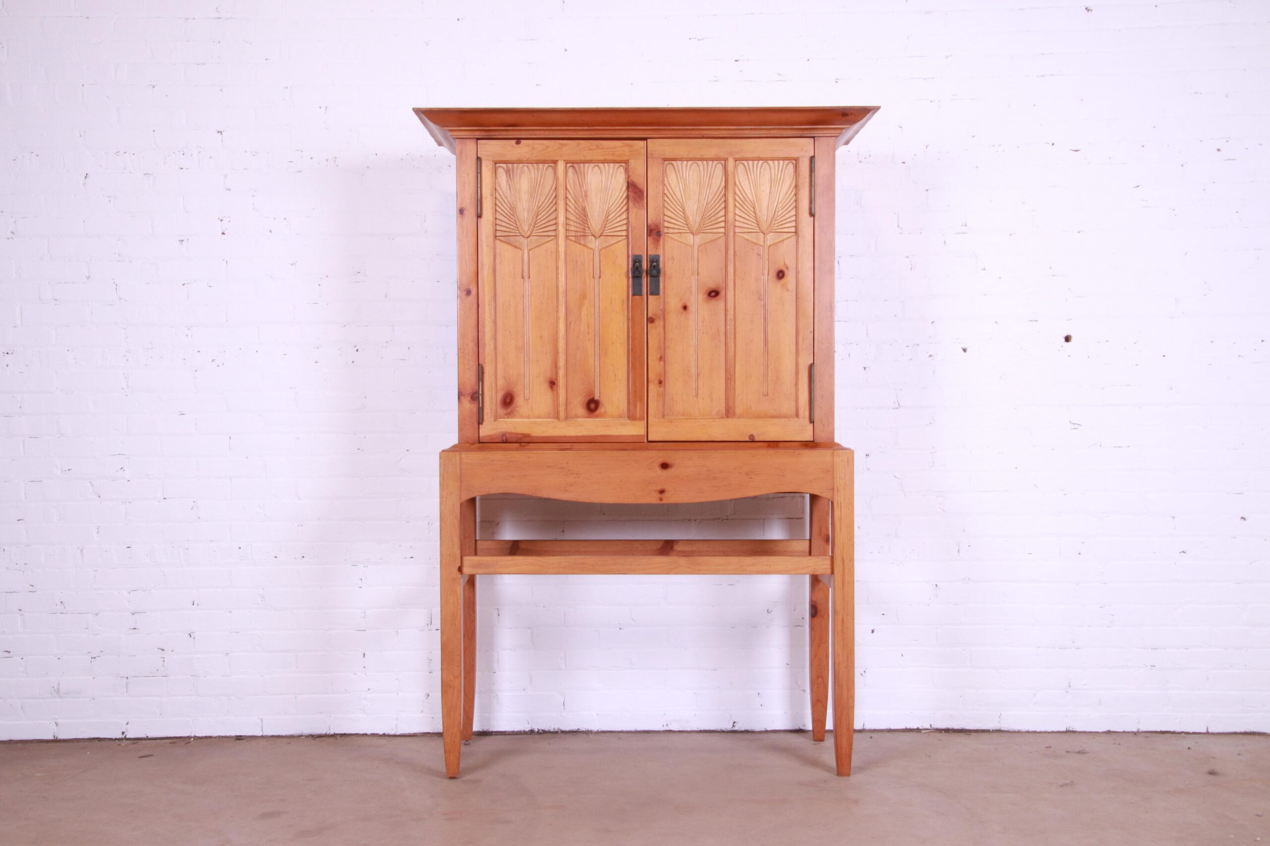 Baker Furniture Milling Road Shaker Style Carved Pine Linen Press or Bar Cabinet