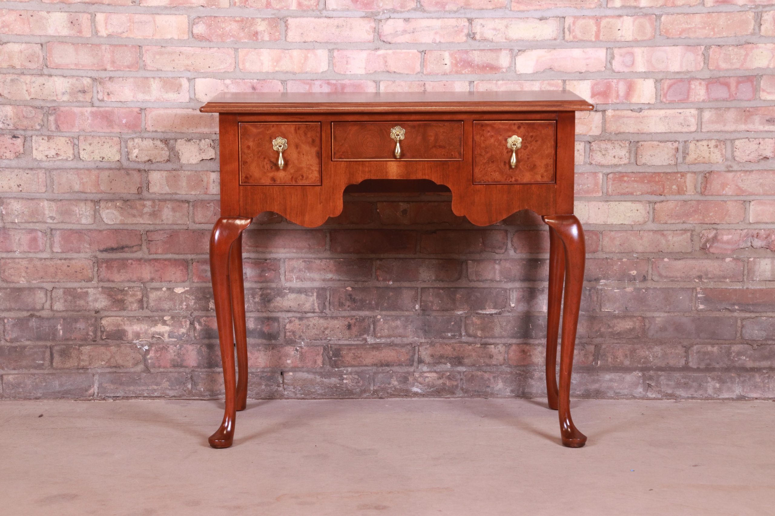 Baker Furniture Queen Anne Burled Walnut Lowboy Dresser or Console Table, Newly Refinished - Image 2