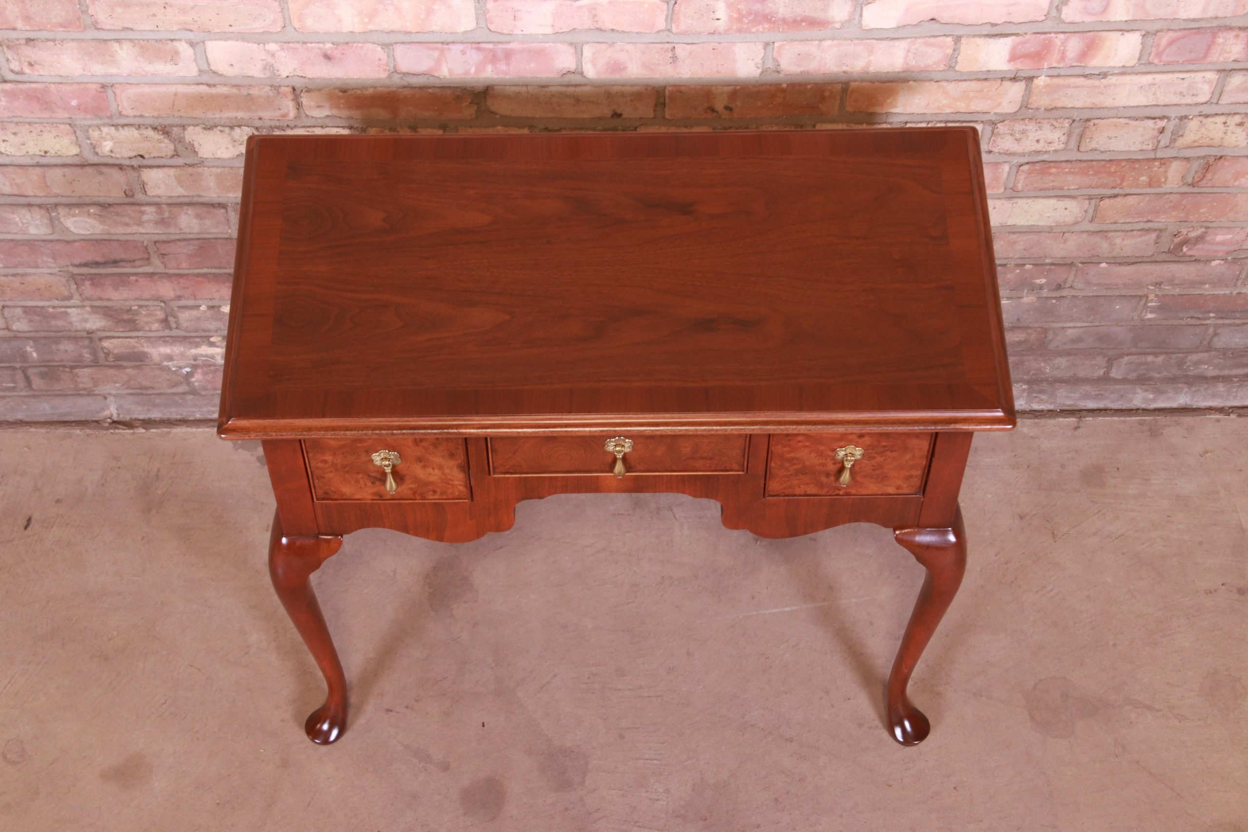 Baker Furniture Queen Anne Burled Walnut Lowboy Dresser or Console Table, Newly Refinished - Image 9