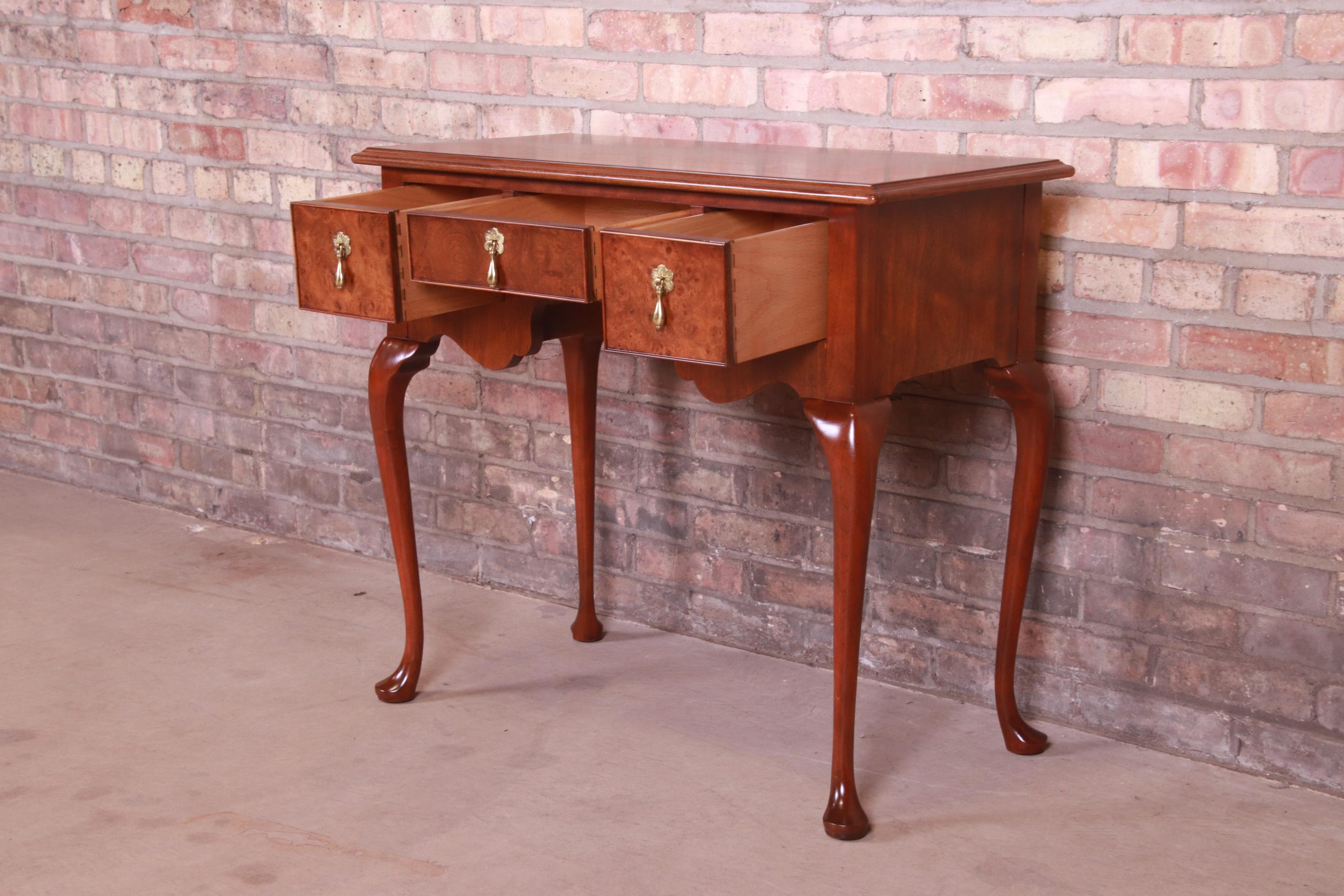 Baker Furniture Queen Anne Burled Walnut Lowboy Dresser or Console Table, Newly Refinished - Image 6