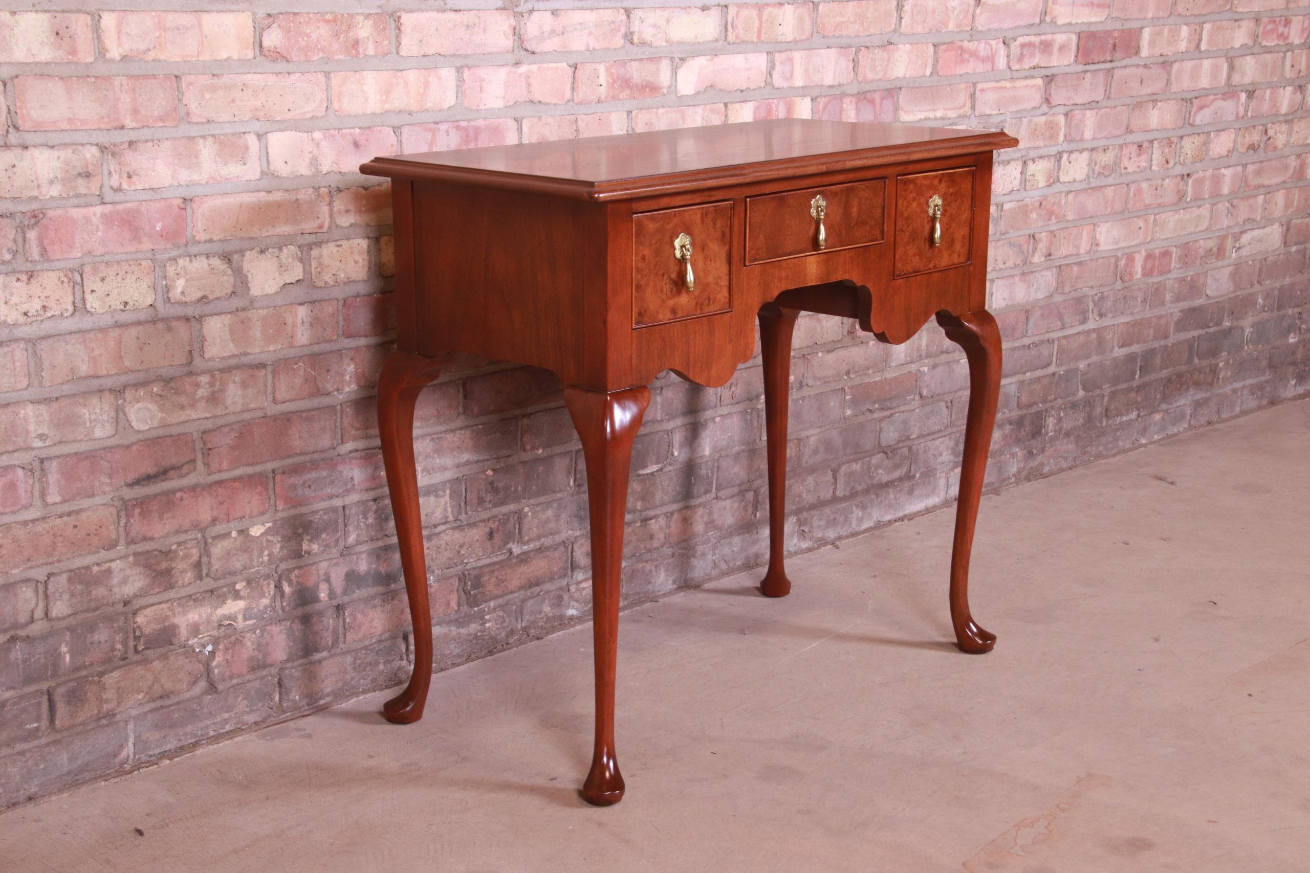Baker Furniture Queen Anne Burled Walnut Lowboy Dresser or Console Table, Newly Refinished - Image 3