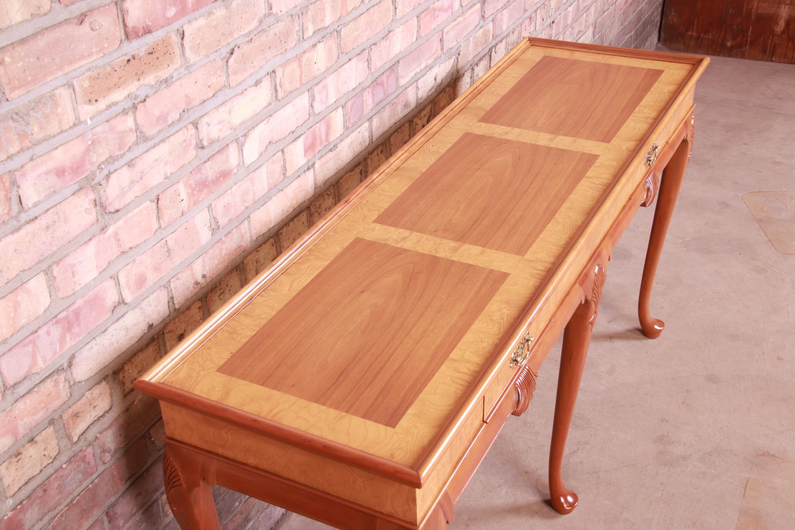 Baker Furniture Queen Anne Cherry and Burl Wood Console or Sofa Table, Newly Refinished - Image 7