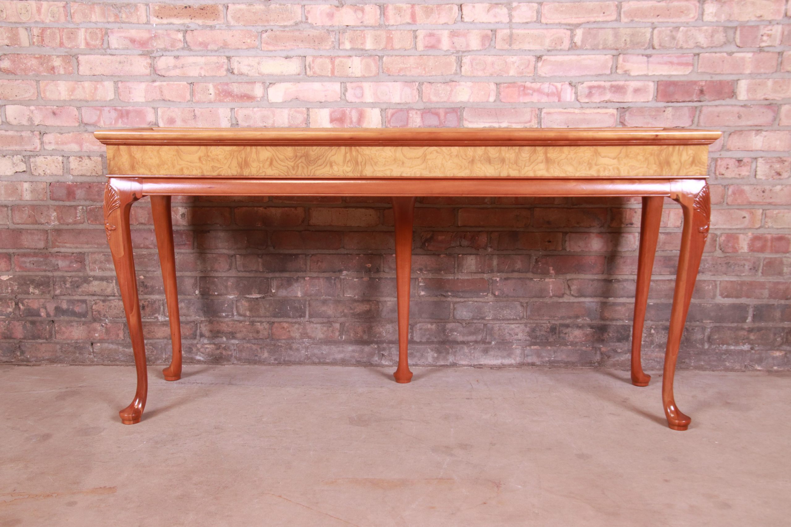 Baker Furniture Queen Anne Cherry and Burl Wood Console or Sofa Table, Newly Refinished - Image 4