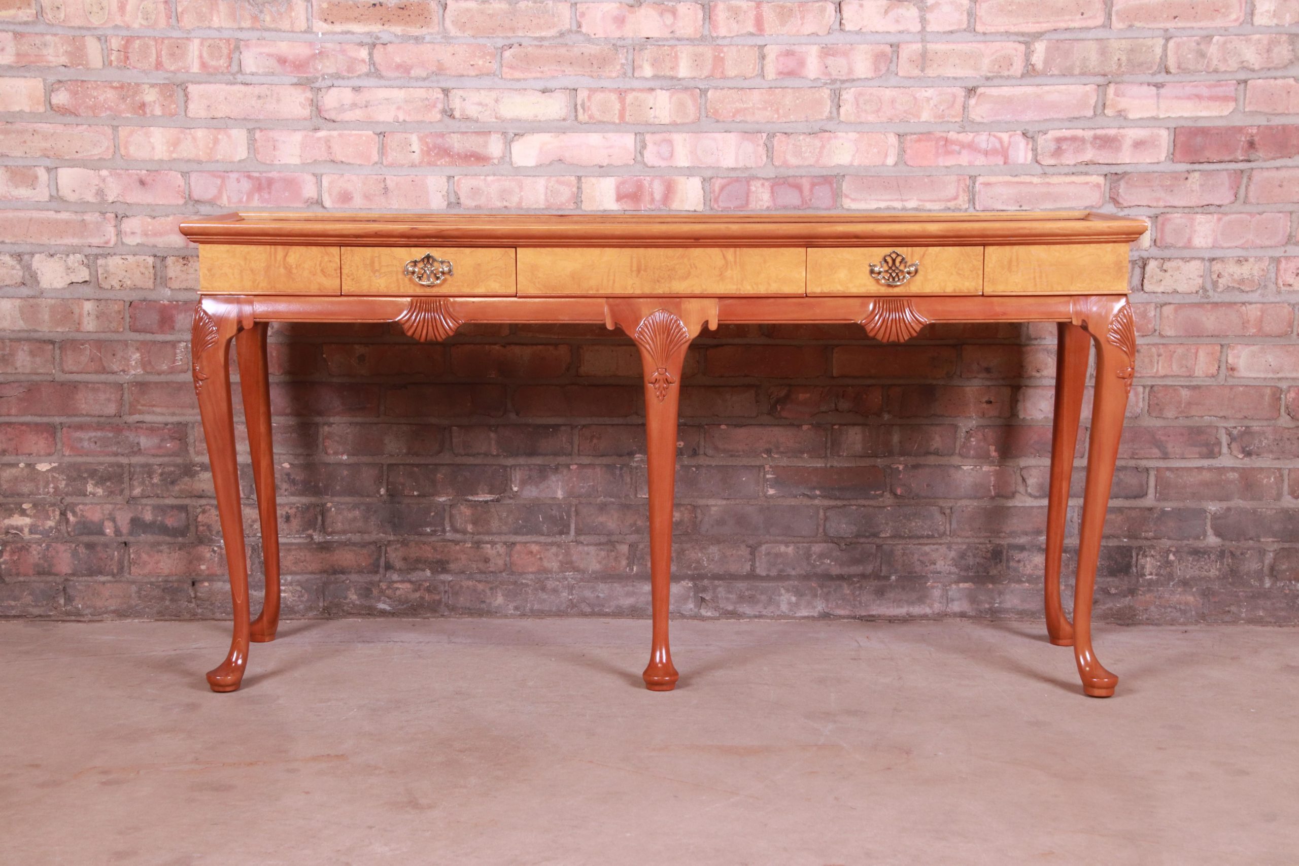 Baker Furniture Queen Anne Cherry and Burl Wood Console or Sofa Table, Newly Refinished - Image 12