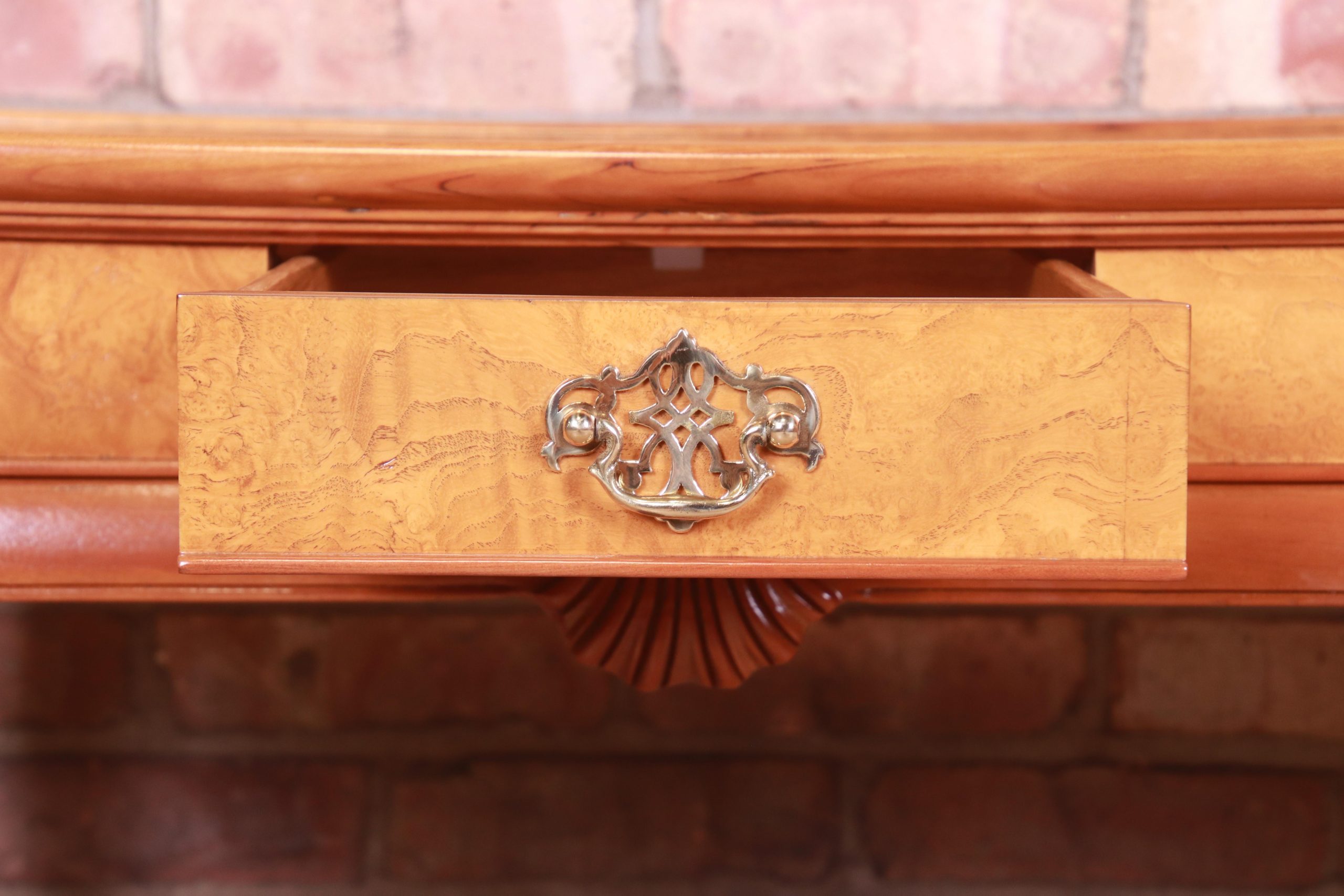 Baker Furniture Queen Anne Cherry and Burl Wood Console or Sofa Table, Newly Refinished - Image 9