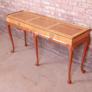 Baker Furniture Queen Anne Cherry and Burl Wood Console or Sofa Table, Newly Refinished