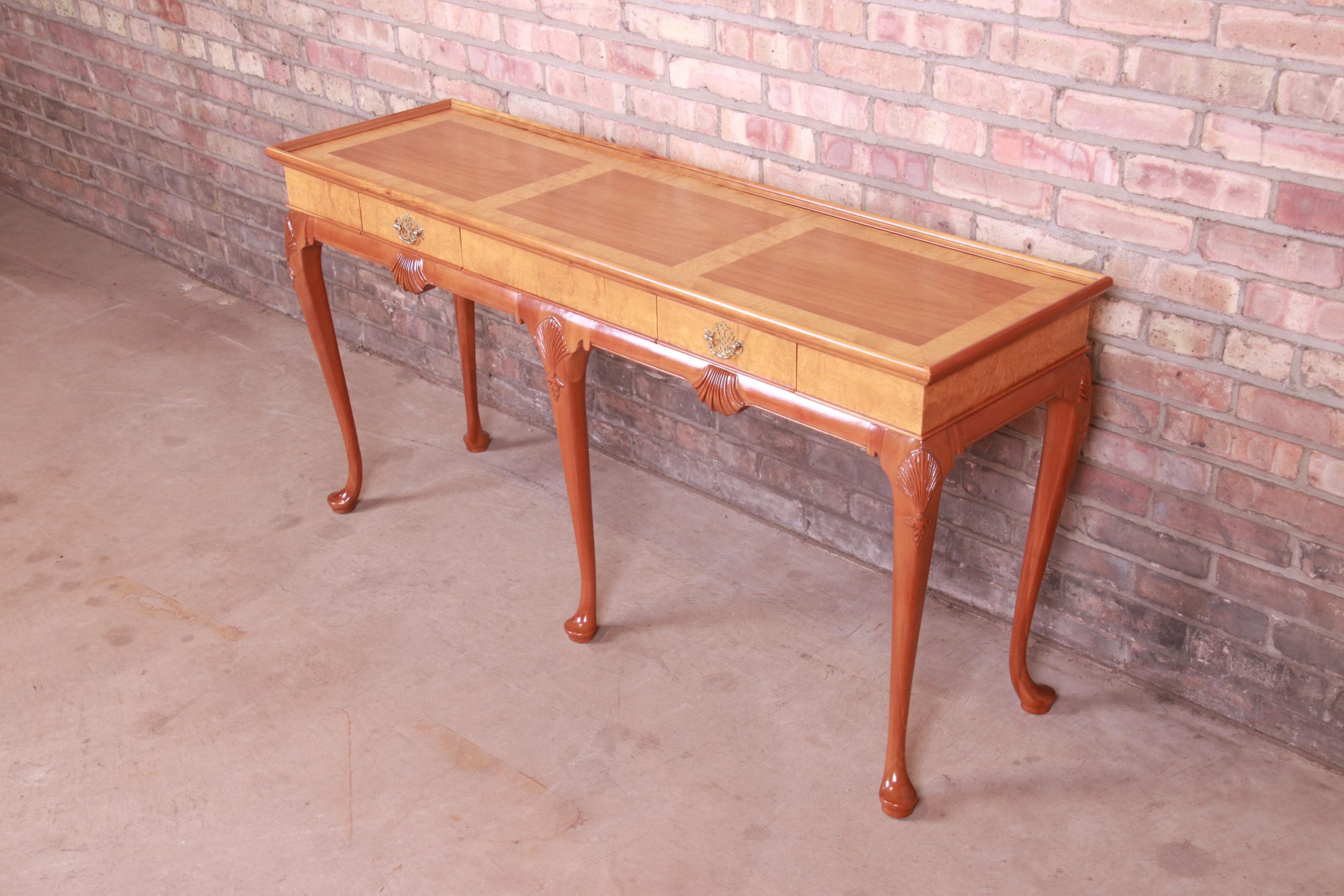 Baker Furniture Queen Anne Cherry and Burl Wood Console or Sofa Table, Newly Refinished