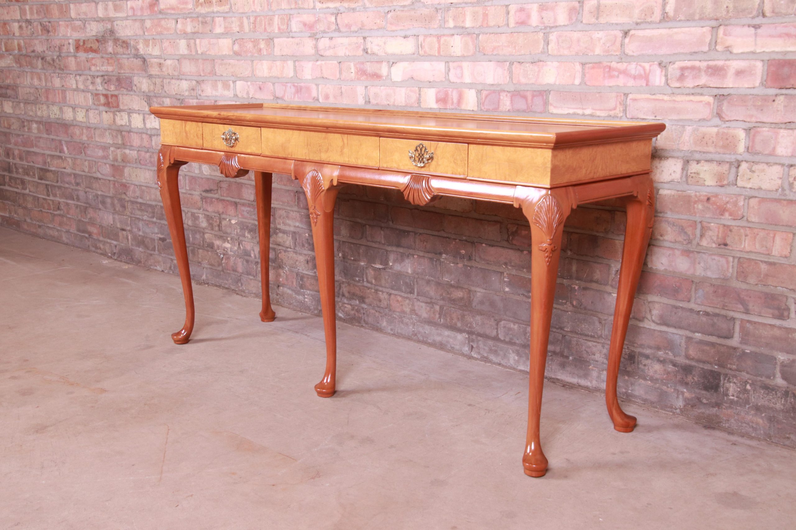 Baker Furniture Queen Anne Cherry and Burl Wood Console or Sofa Table, Newly Refinished - Image 5