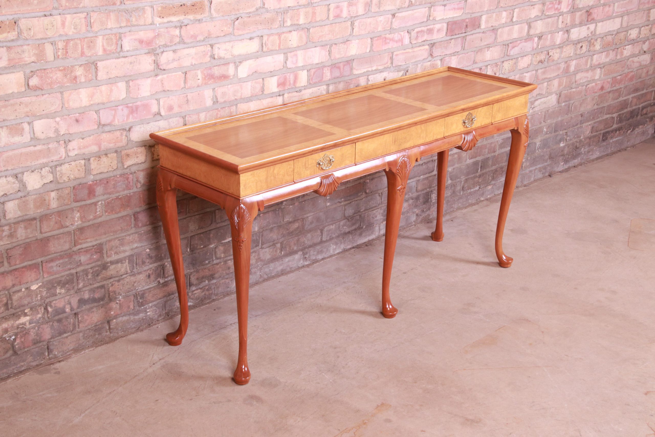 Baker Furniture Queen Anne Cherry and Burl Wood Console or Sofa Table, Newly Refinished - Image 6
