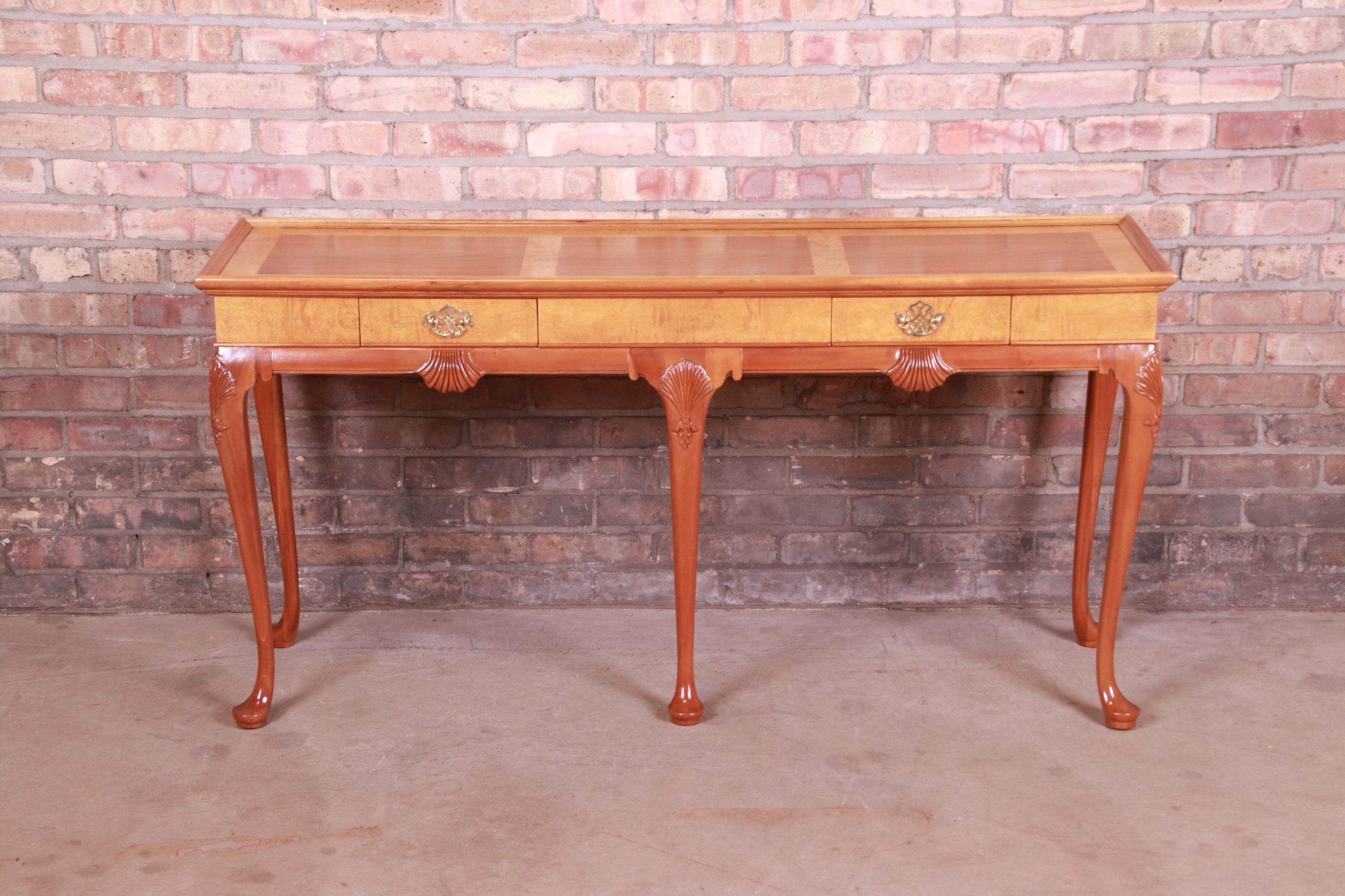 Baker Furniture Queen Anne Cherry and Burl Wood Console or Sofa Table, Newly Refinished - Image 3