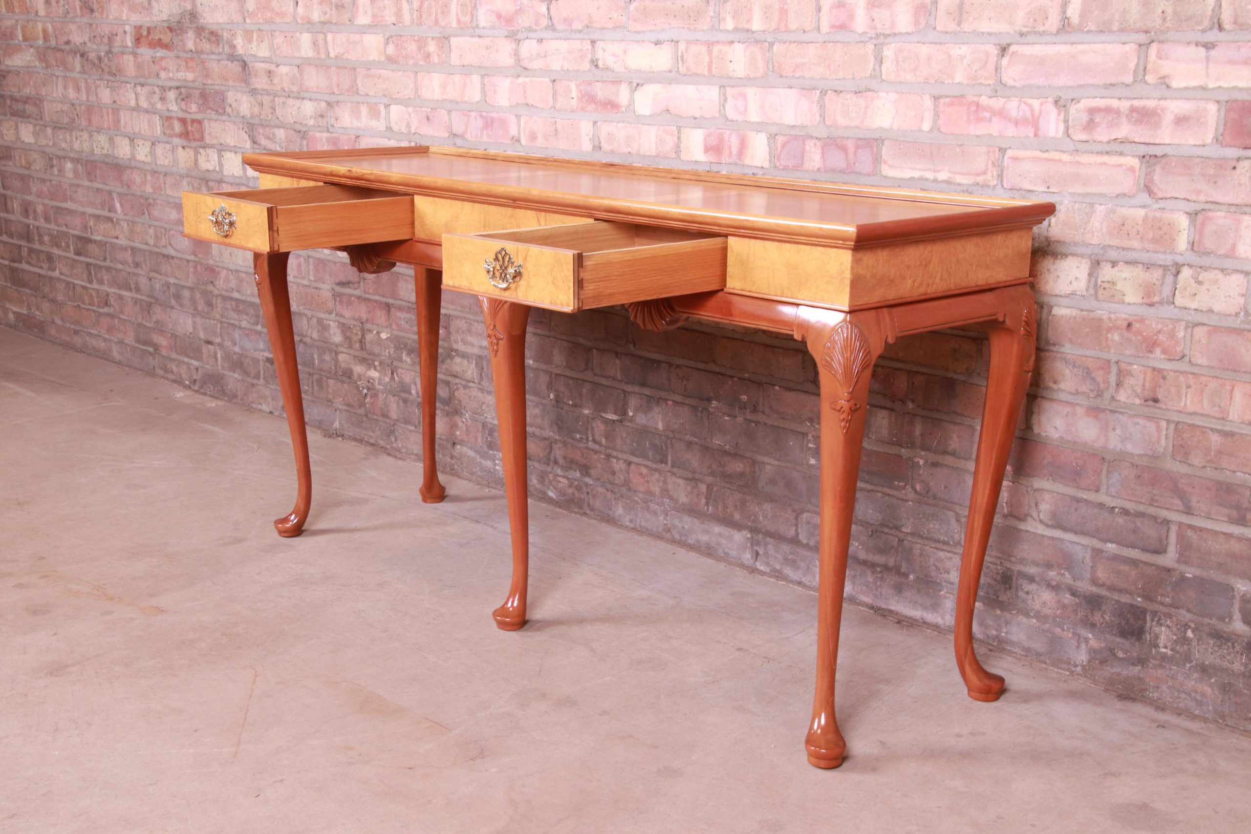 Baker Furniture Queen Anne Cherry and Burl Wood Console or Sofa Table, Newly Refinished - Image 8