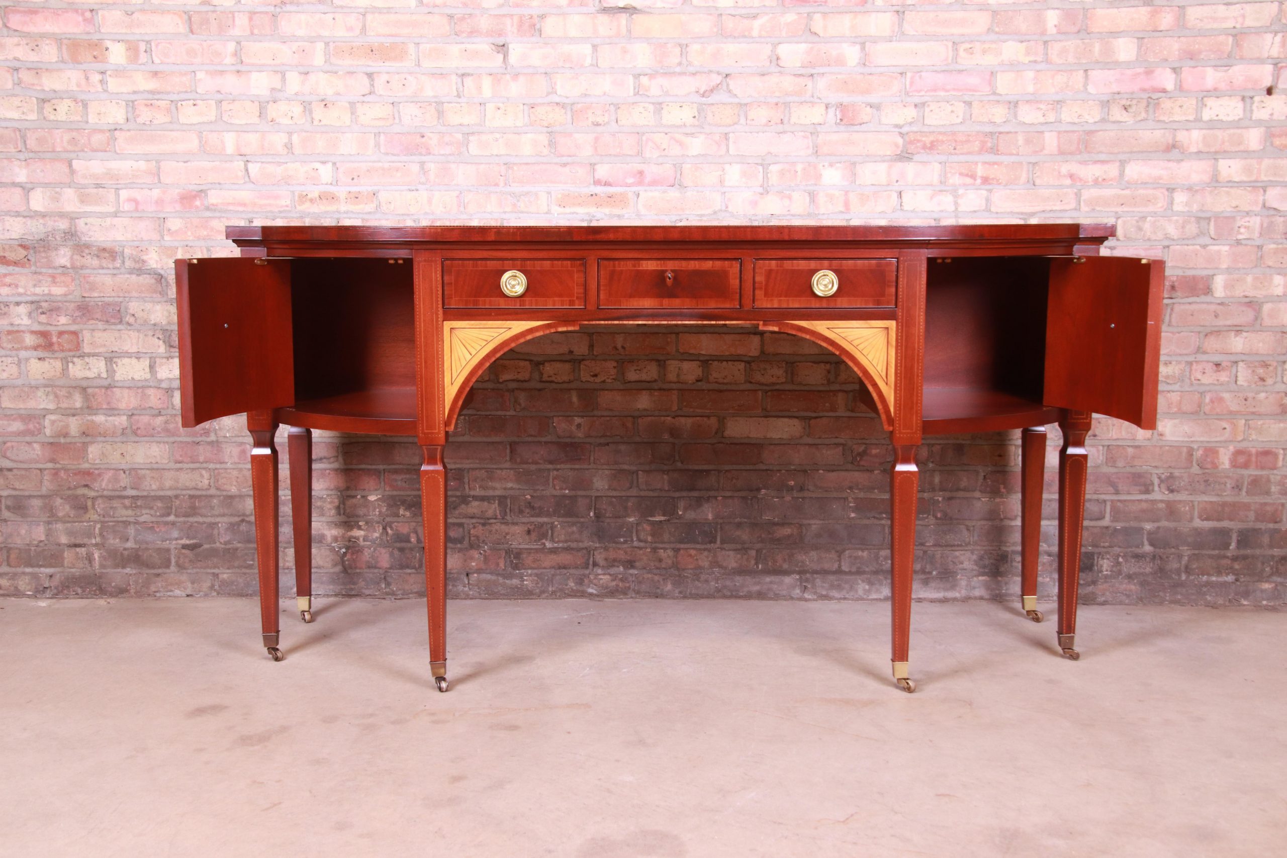 Baker Furniture Stately Homes Sheraton Bow Front Inlaid Mahogany Sideboard - Image 7