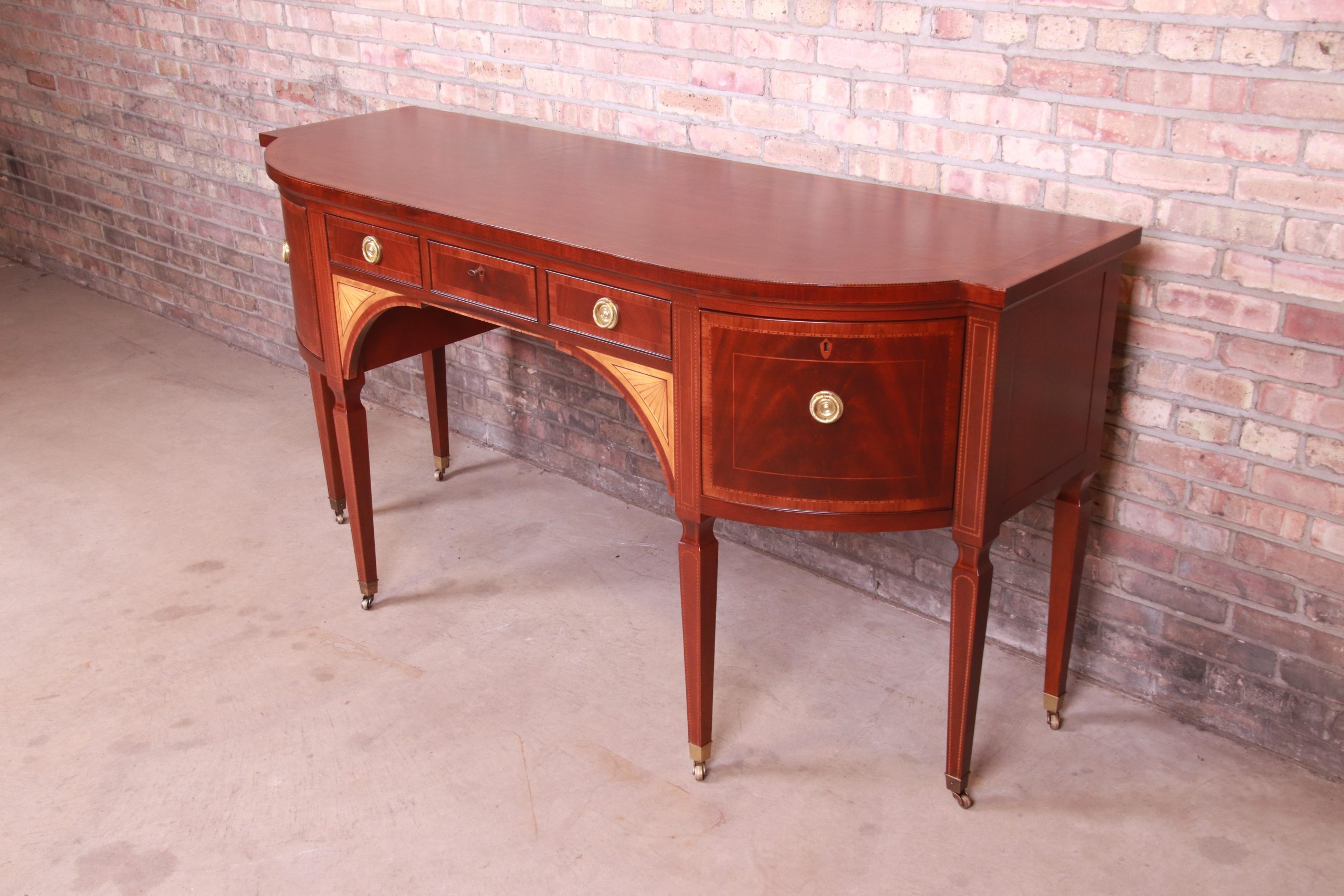 Baker Furniture Stately Homes Sheraton Bow Front Inlaid Mahogany Sideboard - Image 5