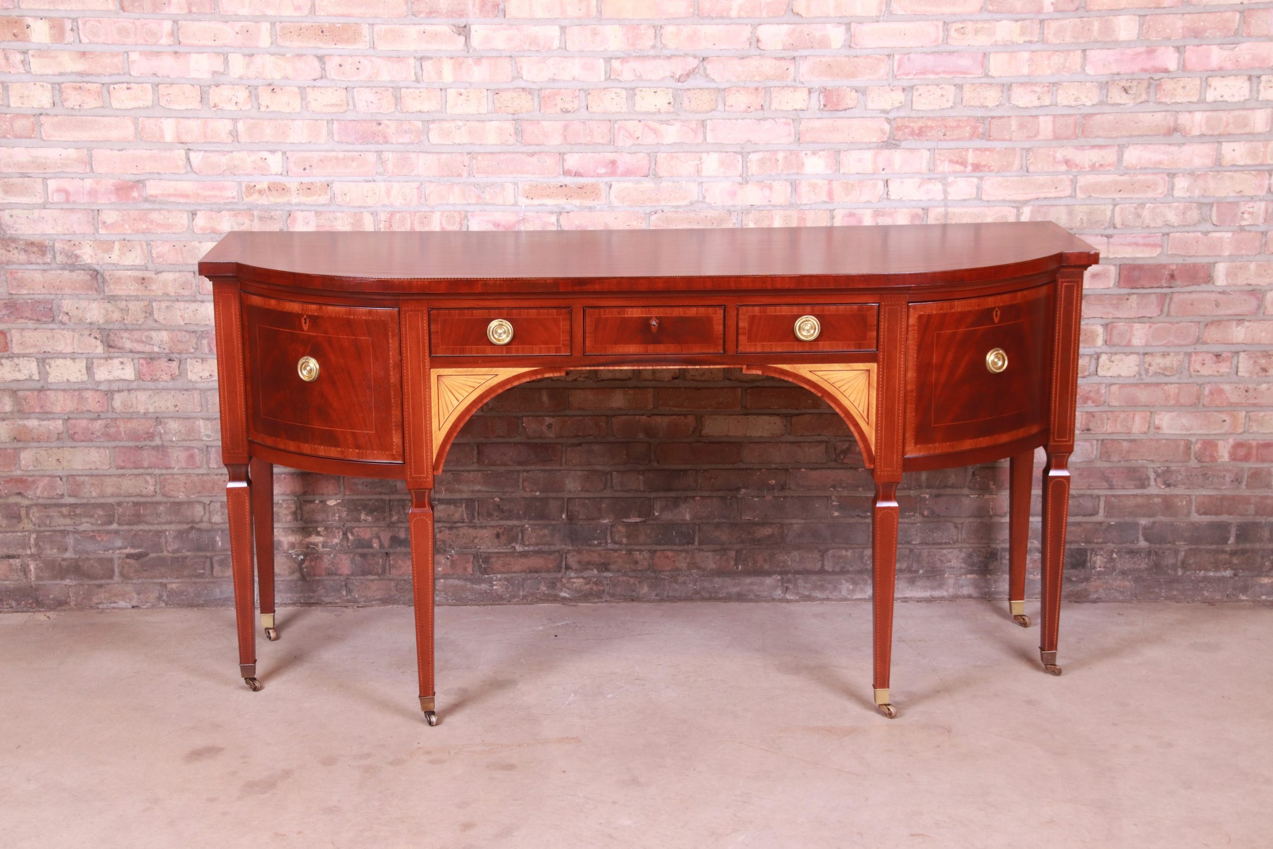 Baker Furniture Stately Homes Sheraton Bow Front Inlaid Mahogany Sideboard - Image 3