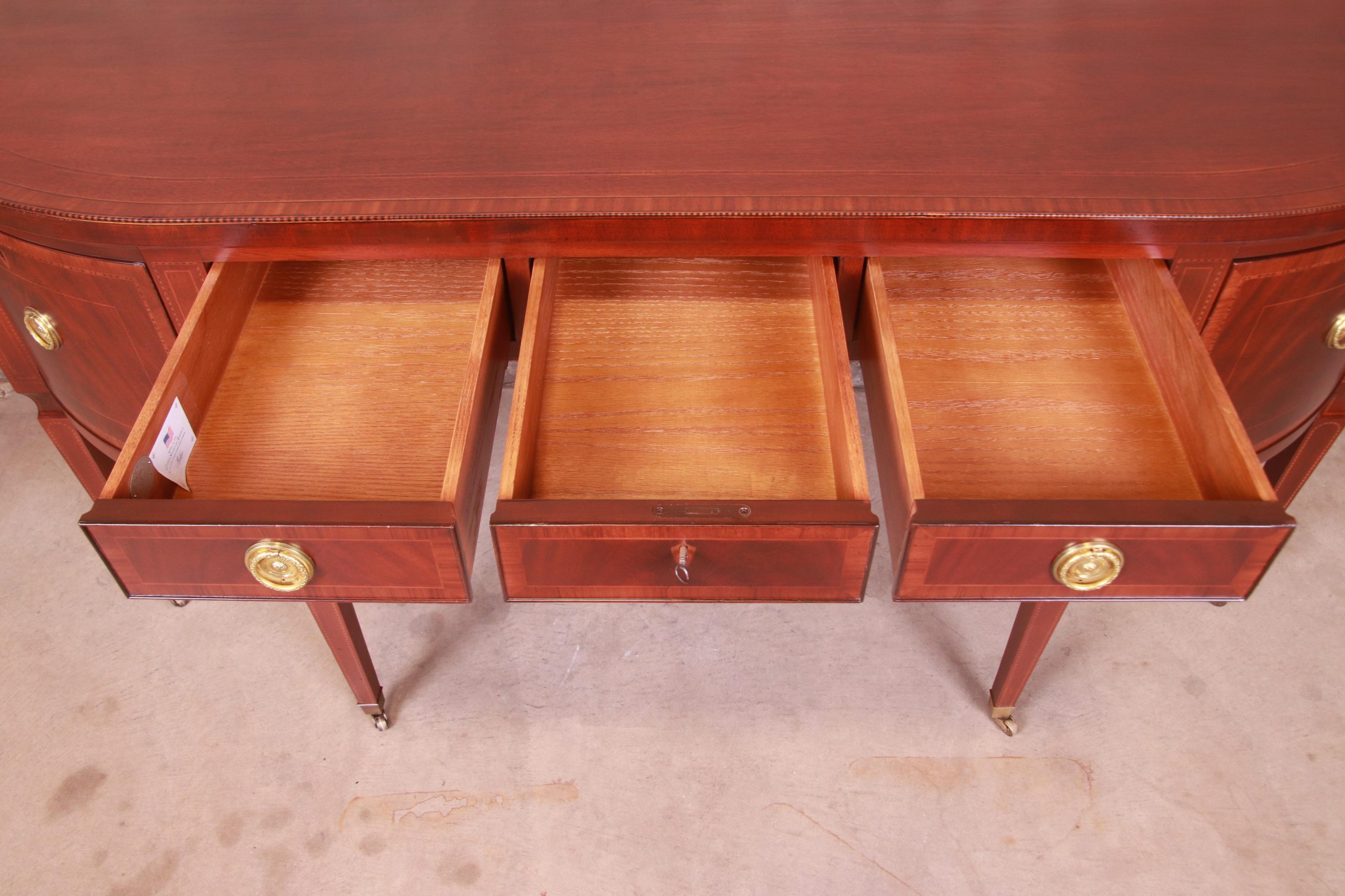 Baker Furniture Stately Homes Sheraton Bow Front Inlaid Mahogany Sideboard - Image 8