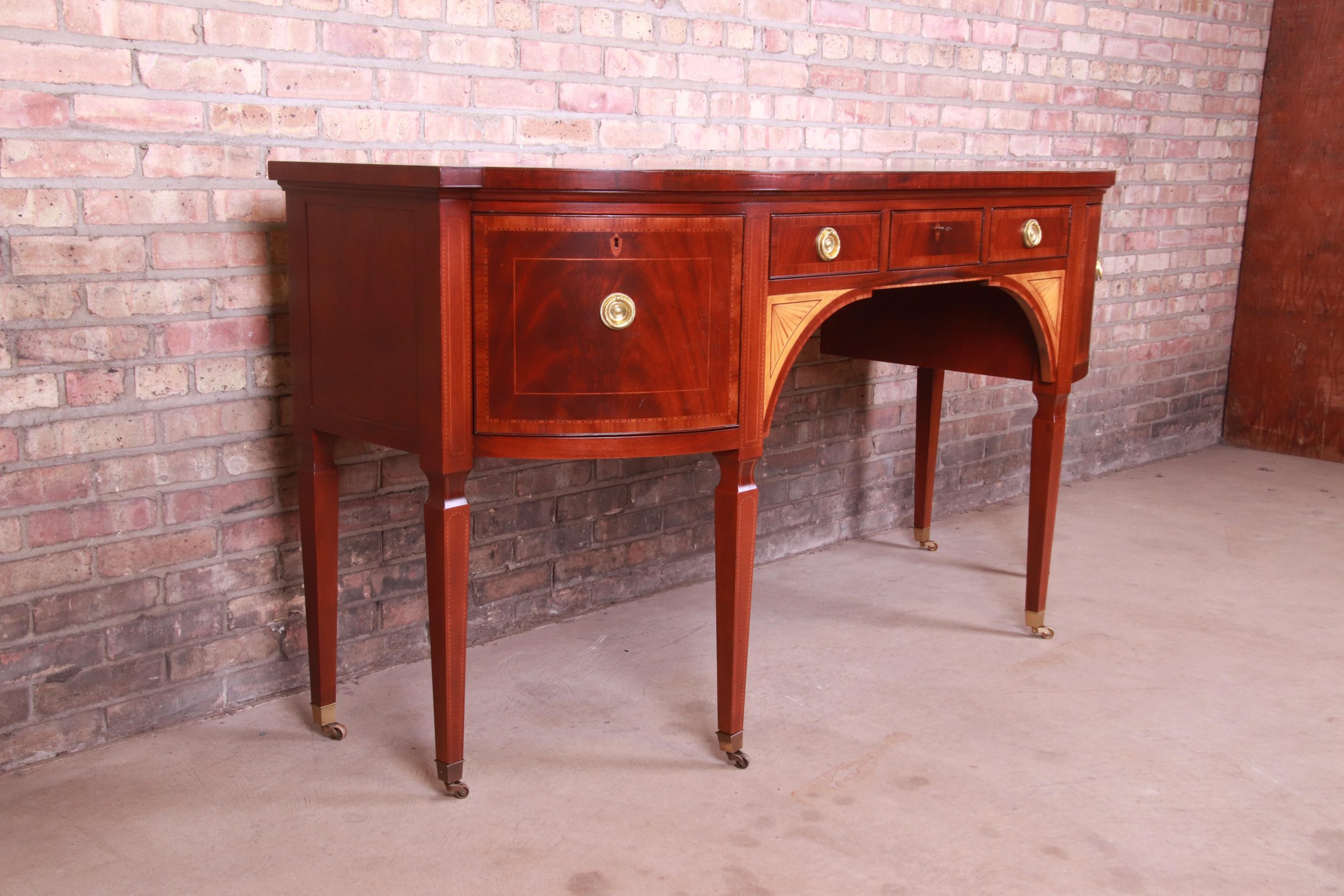 Baker Furniture Stately Homes Sheraton Bow Front Inlaid Mahogany Sideboard - Image 4