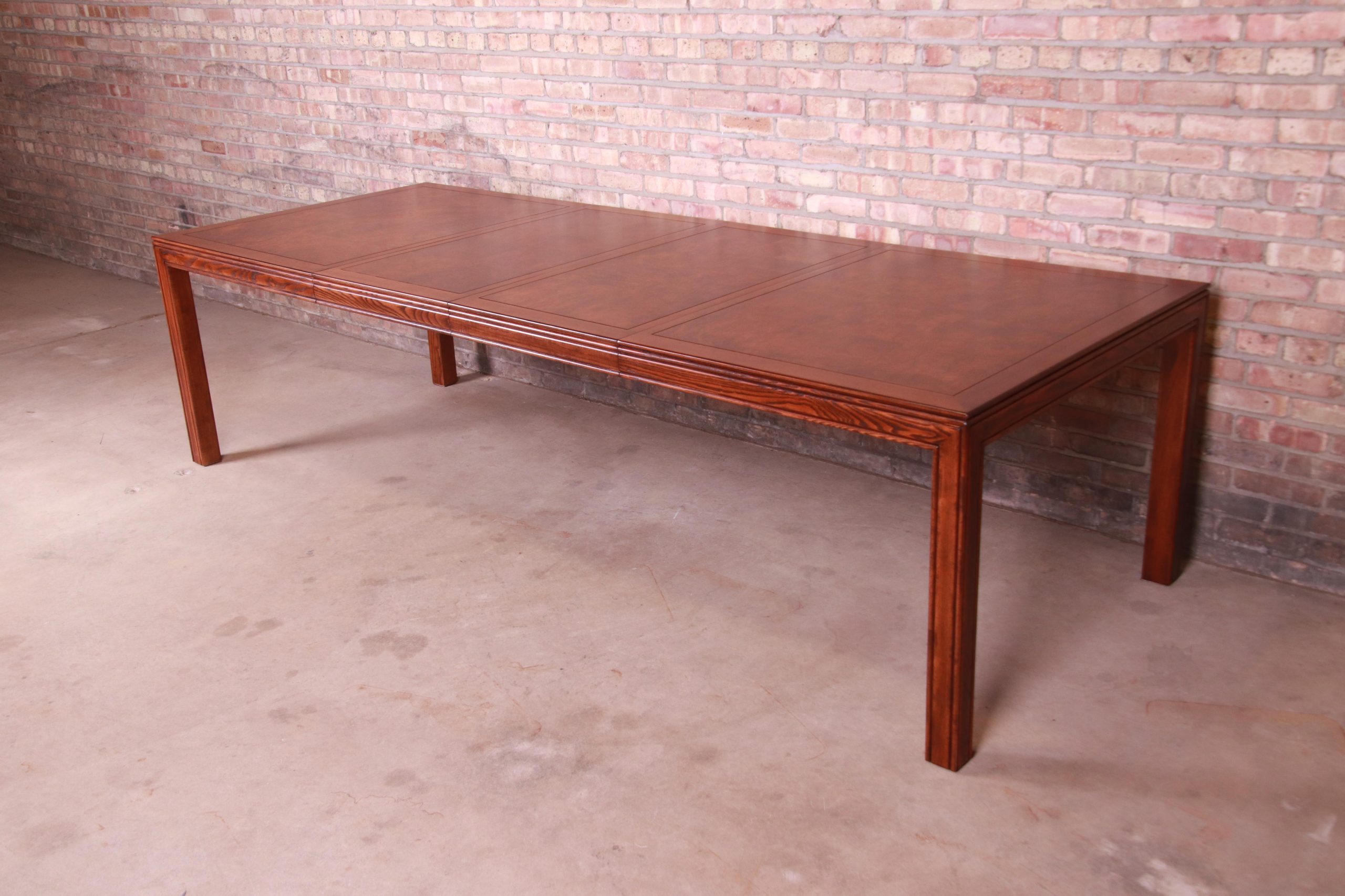 Henredon Mid-Century Modern Burl Wood Parsons Extension Dining Table, Newly Refinished
