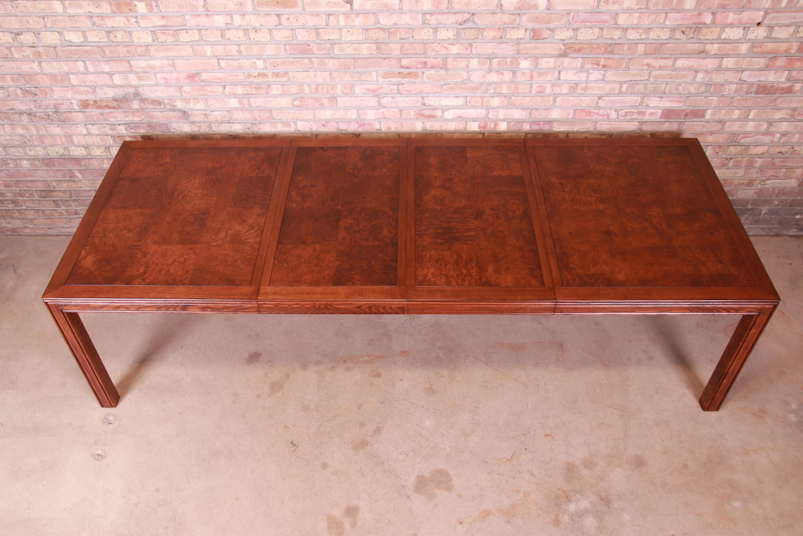 Henredon Mid-Century Modern Burl Wood Parsons Extension Dining Table, Newly Refinished - Image 7