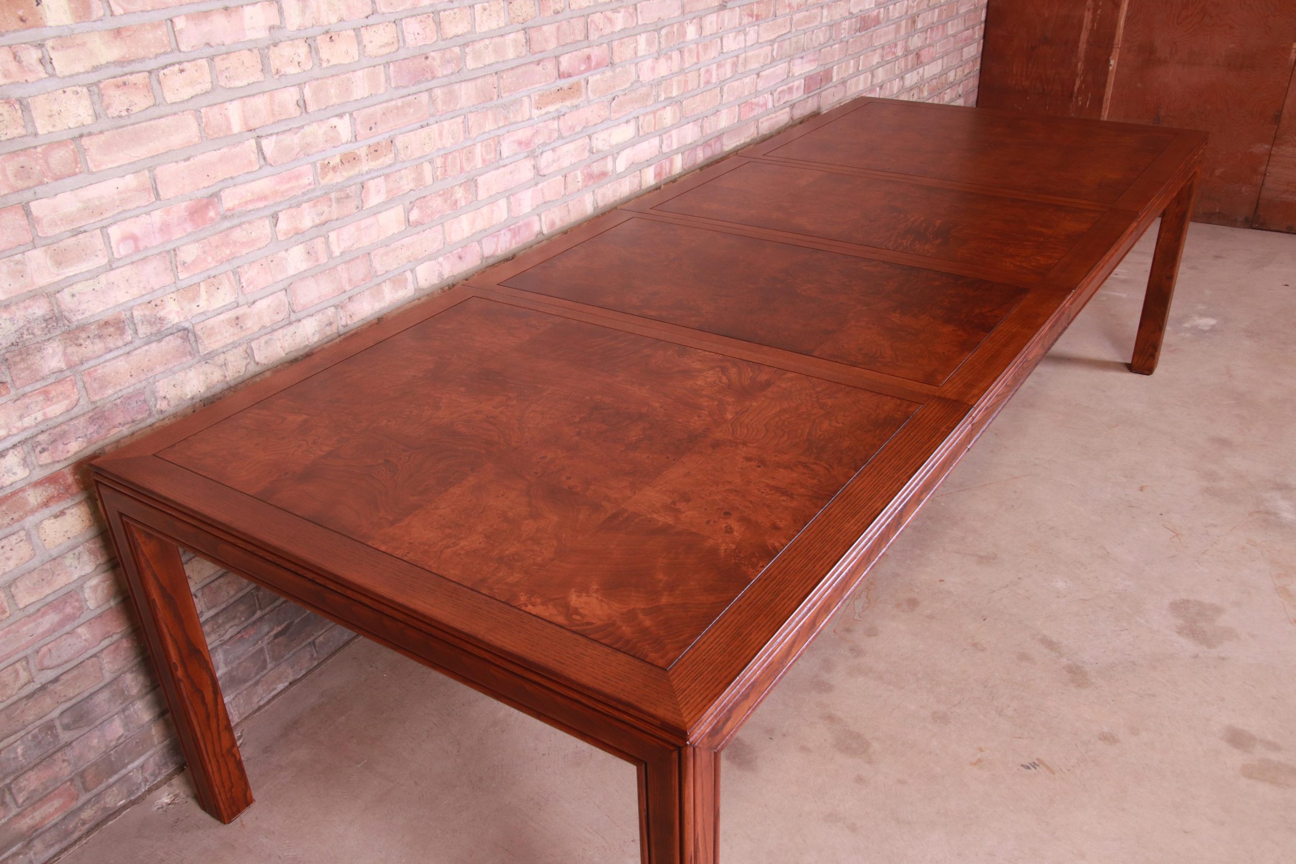 Henredon Mid-Century Modern Burl Wood Parsons Extension Dining Table, Newly Refinished - Image 8