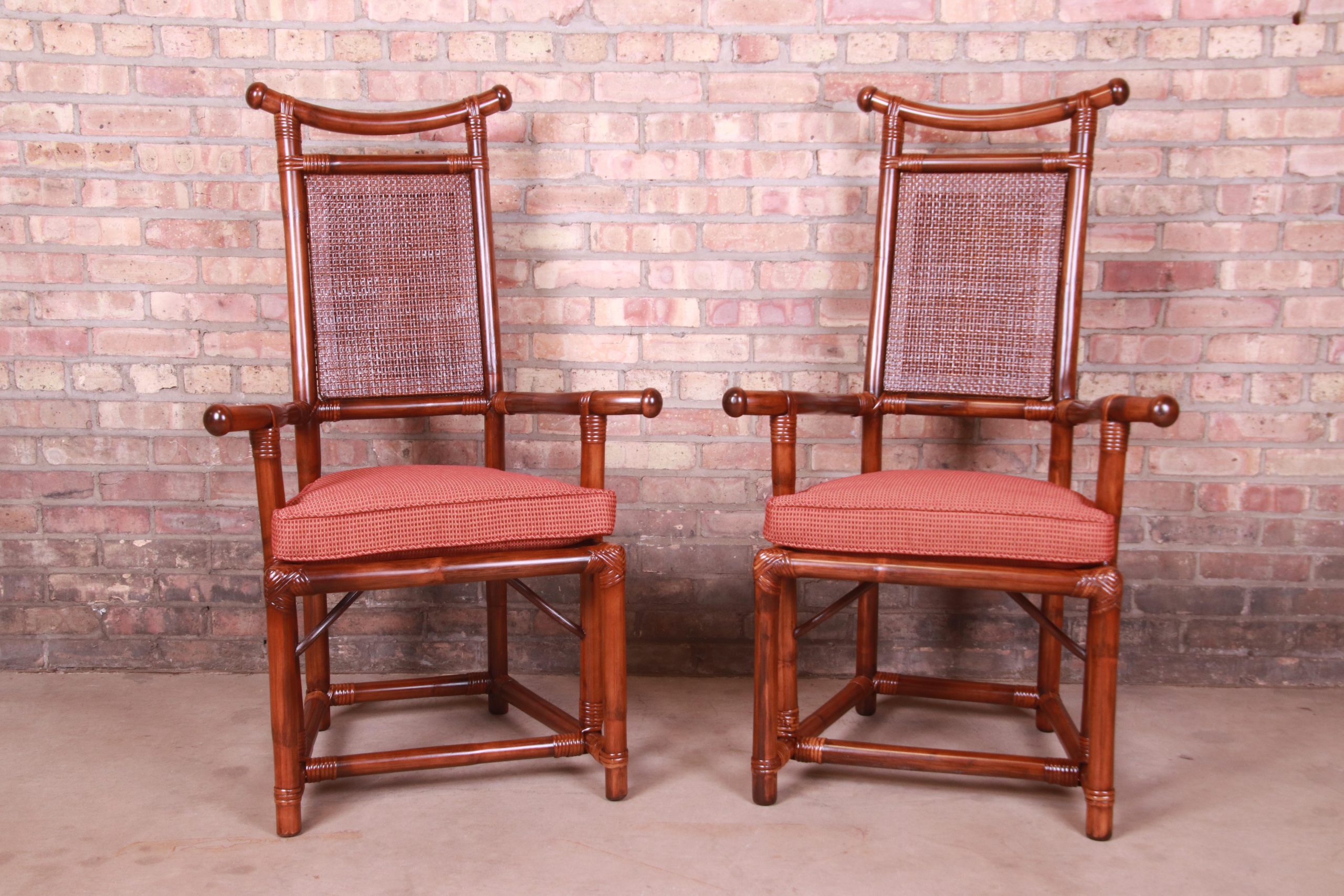 Henry Olko for Willow and Reed Pagoda Collection Sculpted Rattan and Cane Throne Chairs, Fully Restored