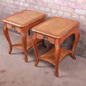 John Widdicomb French Provincial Louis XV Oak and Burl Wood Nightstands, Pair