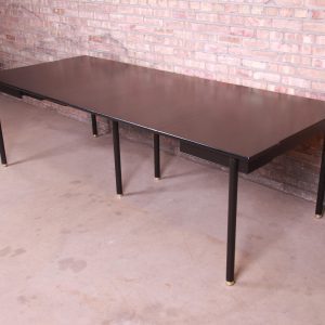 John Widdicomb Mid-Century Modern Hollywood Regency Black Lacquer and Brass Dining Table, Newly Refinished