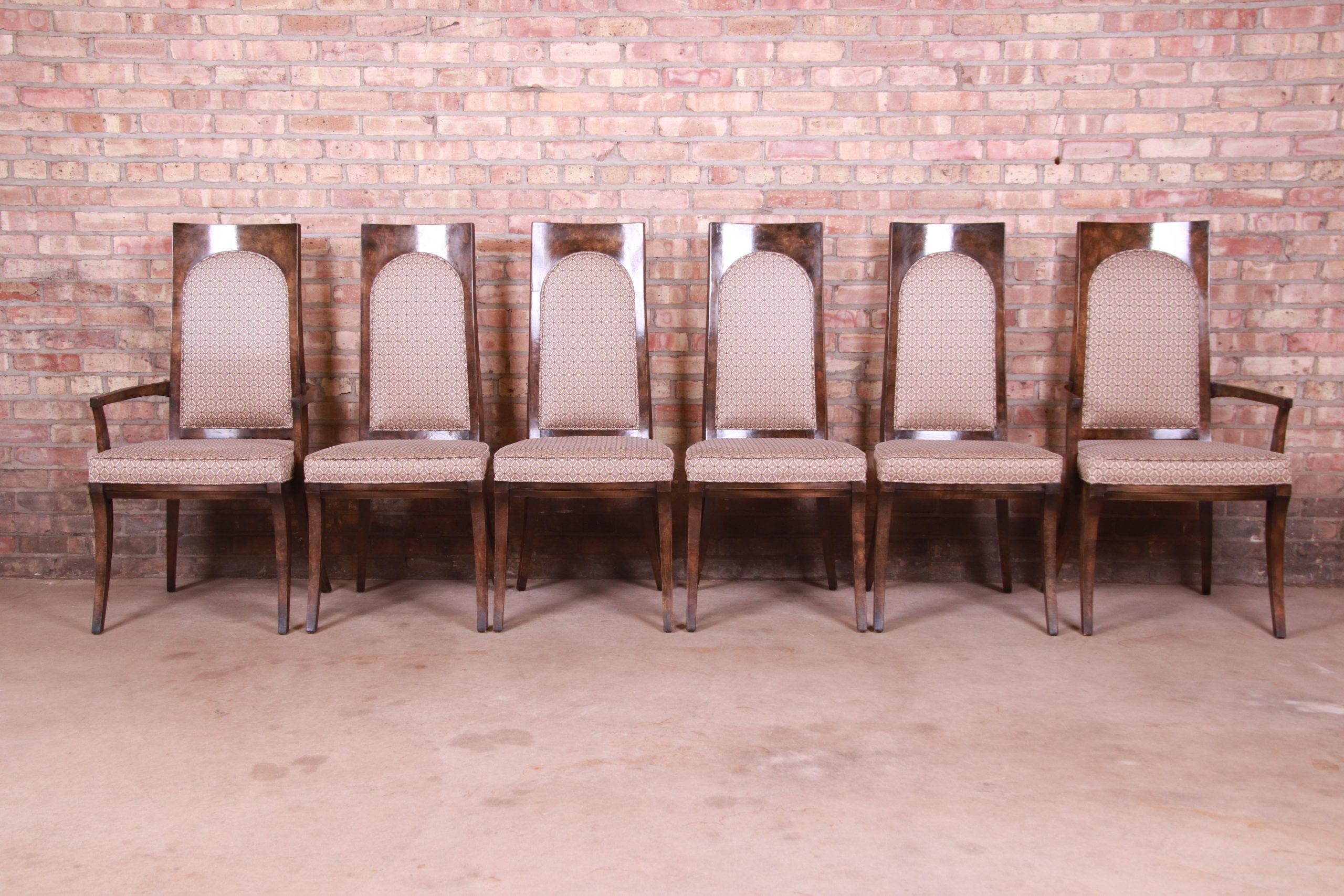 Mastercraft Mid-Century Hollywood Regency Burl Wood Dining Chairs, Set of Six