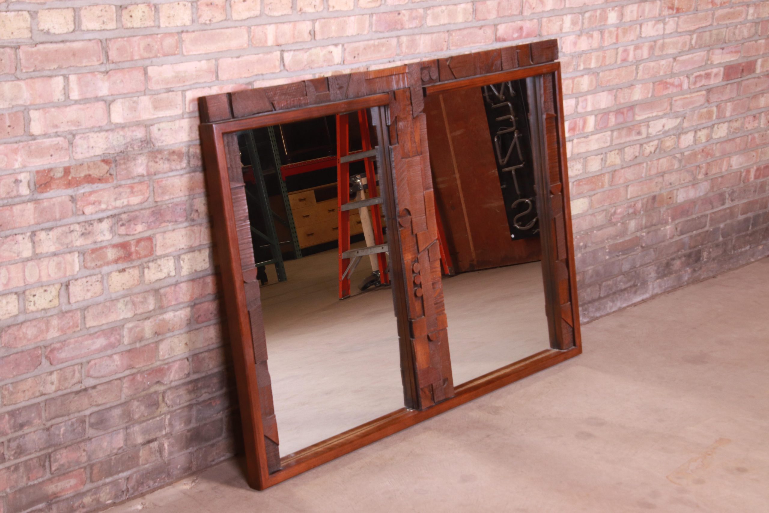 Paul Evans Style Lane Pueblo Brutalist Oak Framed Double Mirror, 1970s - Image 2