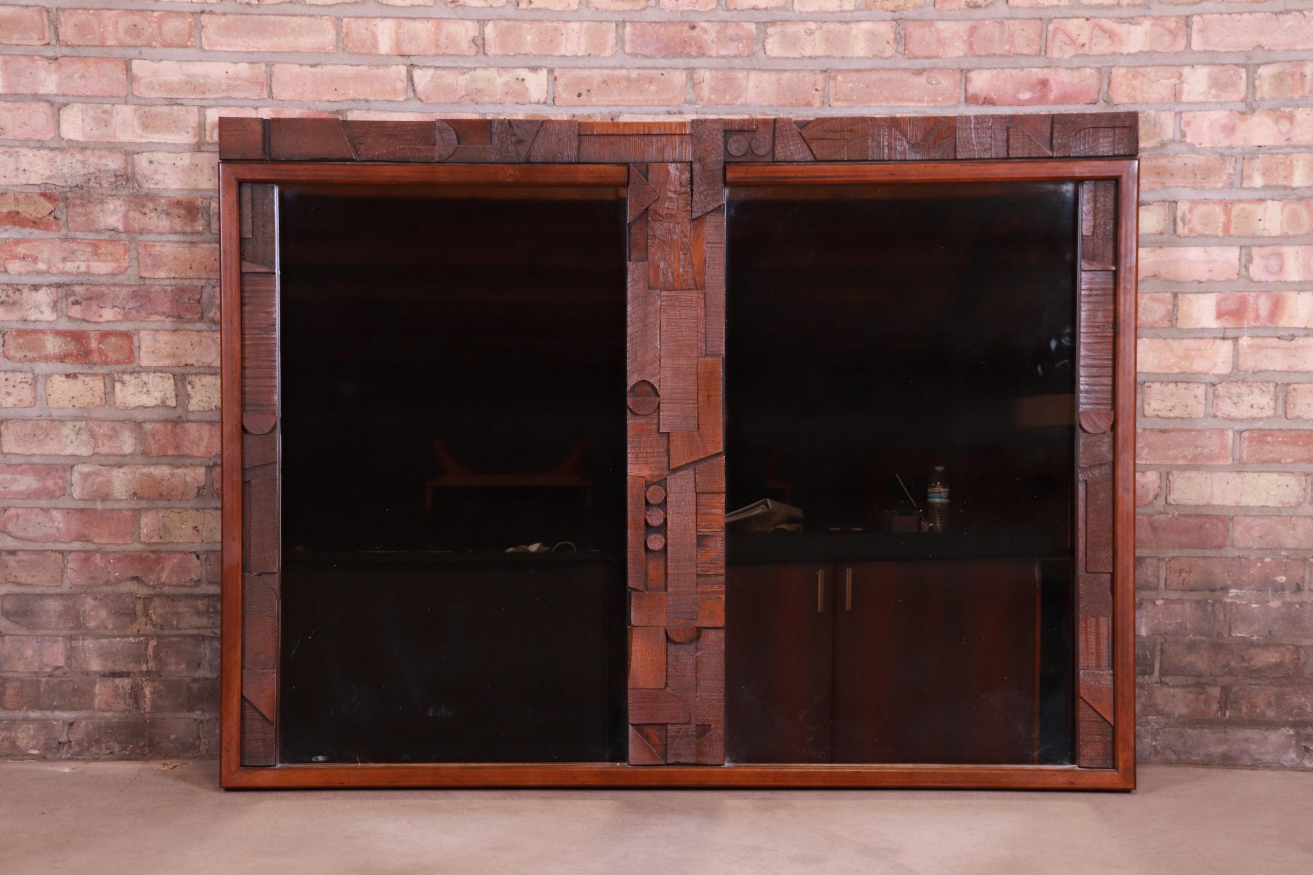Paul Evans Style Lane Pueblo Brutalist Oak Framed Double Mirror, 1970s