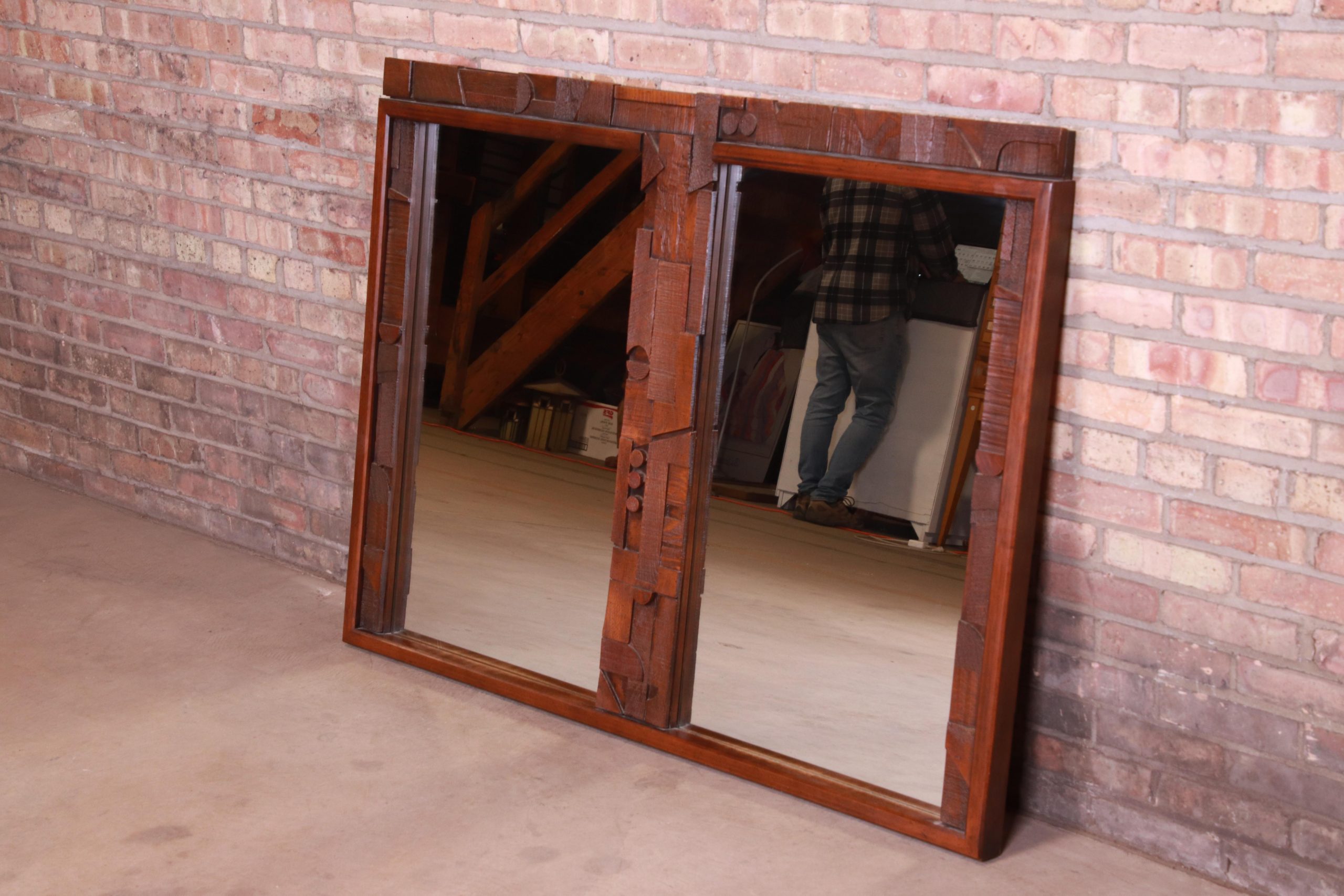 Paul Evans Style Lane Pueblo Brutalist Oak Framed Double Mirror, 1970s - Image 3