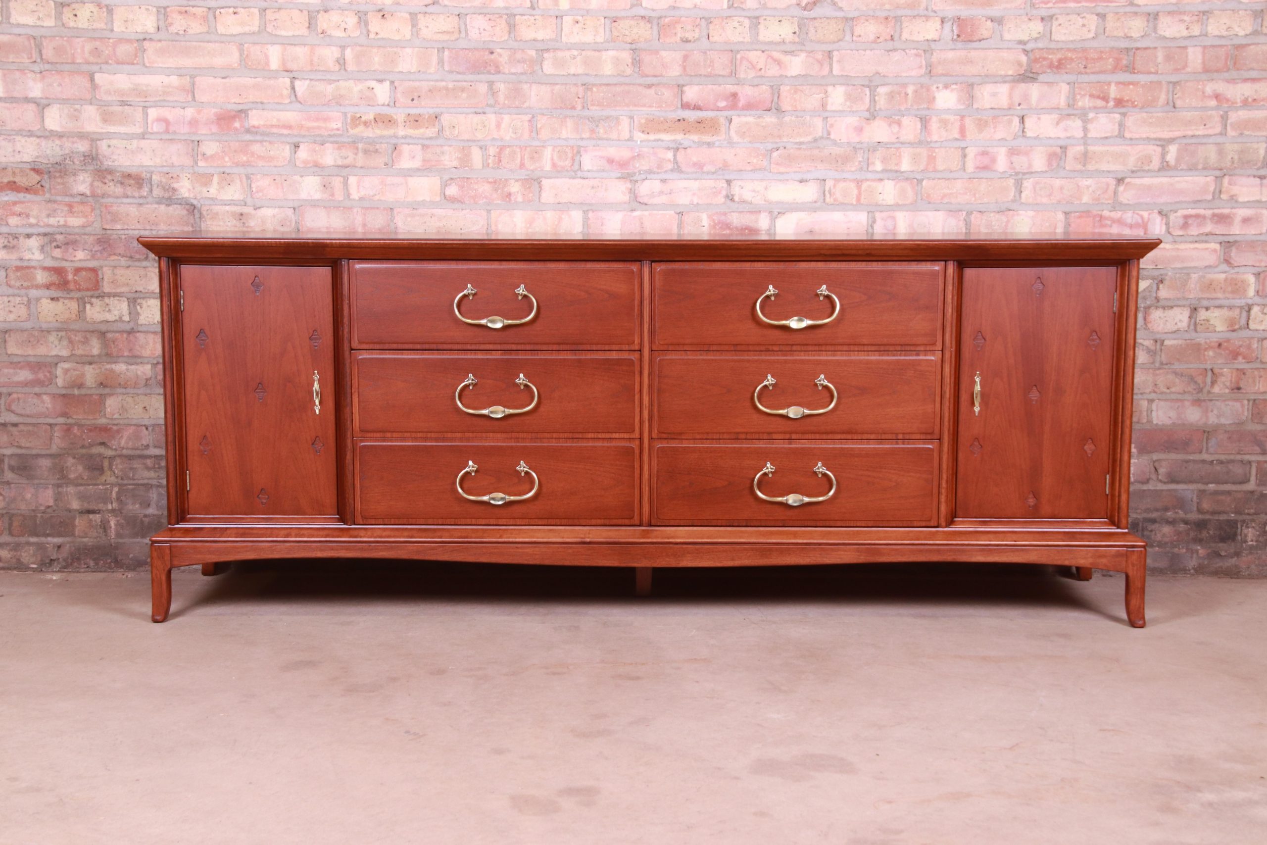 Thomasville Hollywood Regency Chinoiserie Walnut Long Dresser or Credenza, Newly Refinished