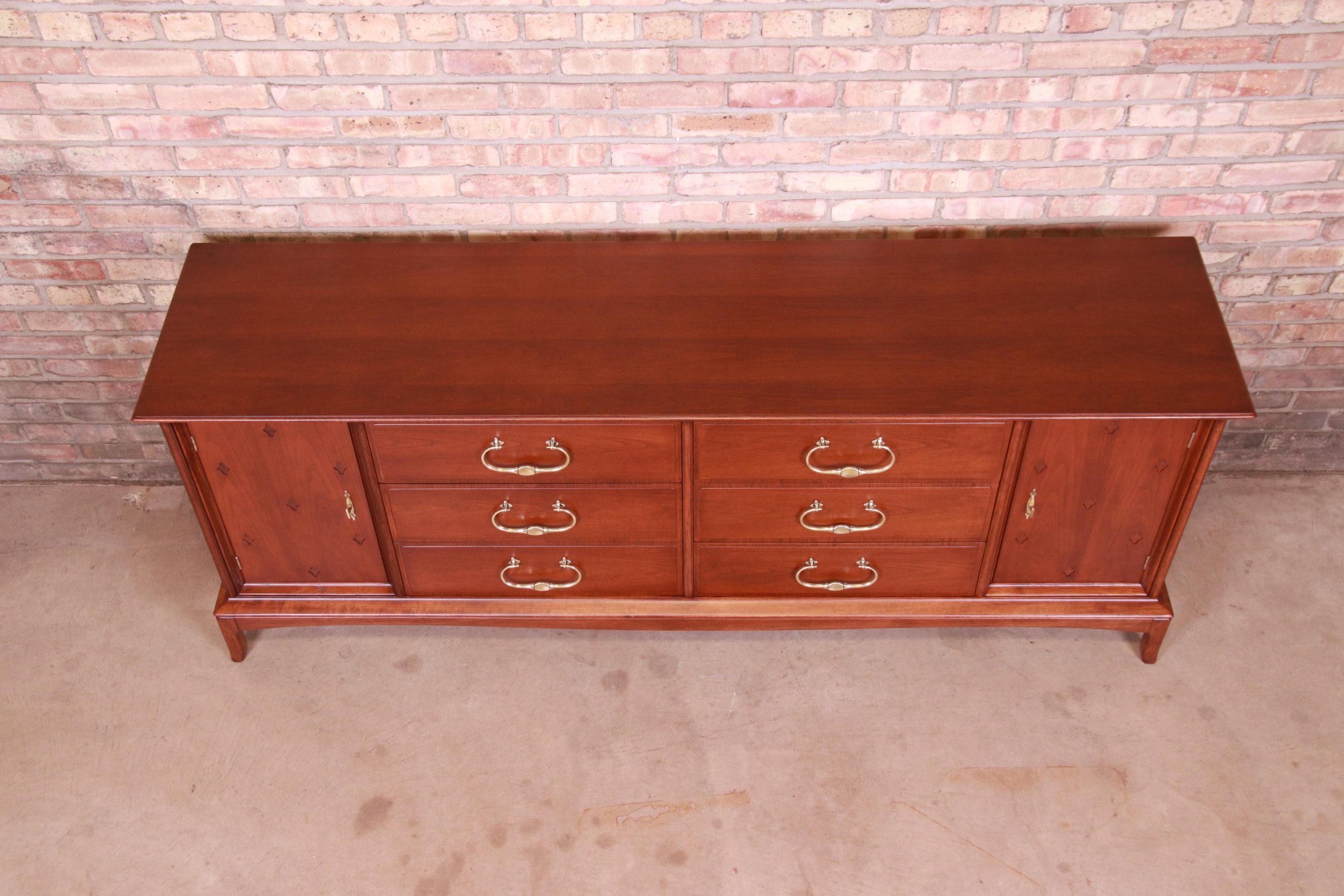 Thomasville Hollywood Regency Chinoiserie Walnut Long Dresser or Credenza, Newly Refinished - Image 12