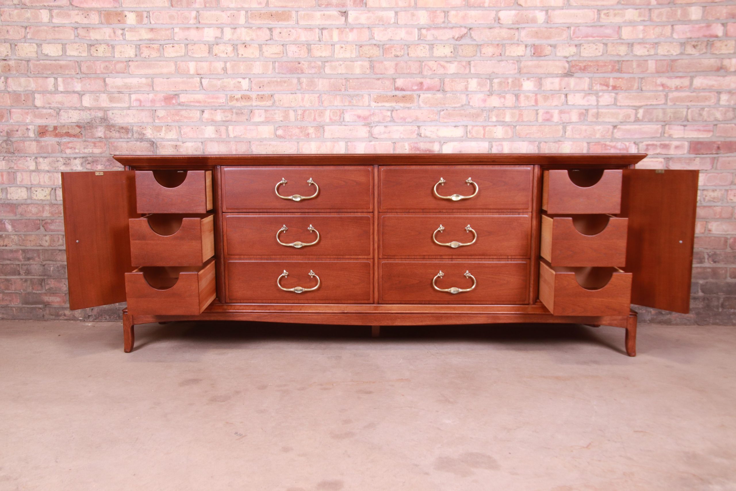 Thomasville Hollywood Regency Chinoiserie Walnut Long Dresser or Credenza, Newly Refinished - Image 7