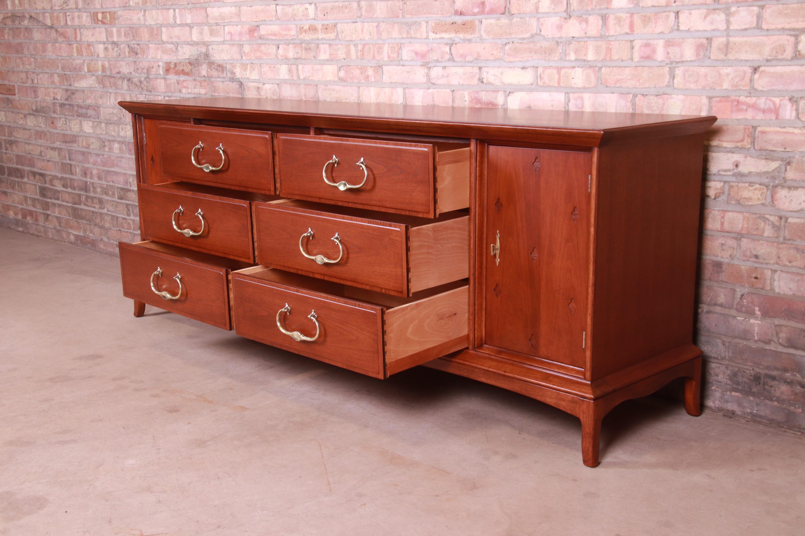 Thomasville Hollywood Regency Chinoiserie Walnut Long Dresser or Credenza, Newly Refinished - Image 8