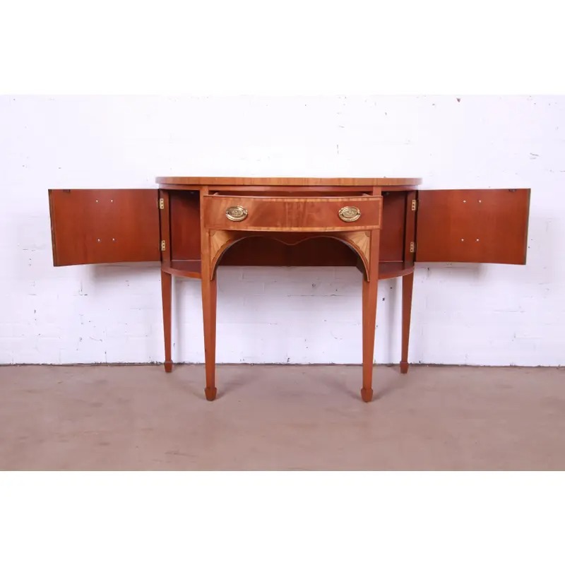 Baker Furniture Federal Inlaid Mahogany and Satinwood Demilune Cabinet - Image 7