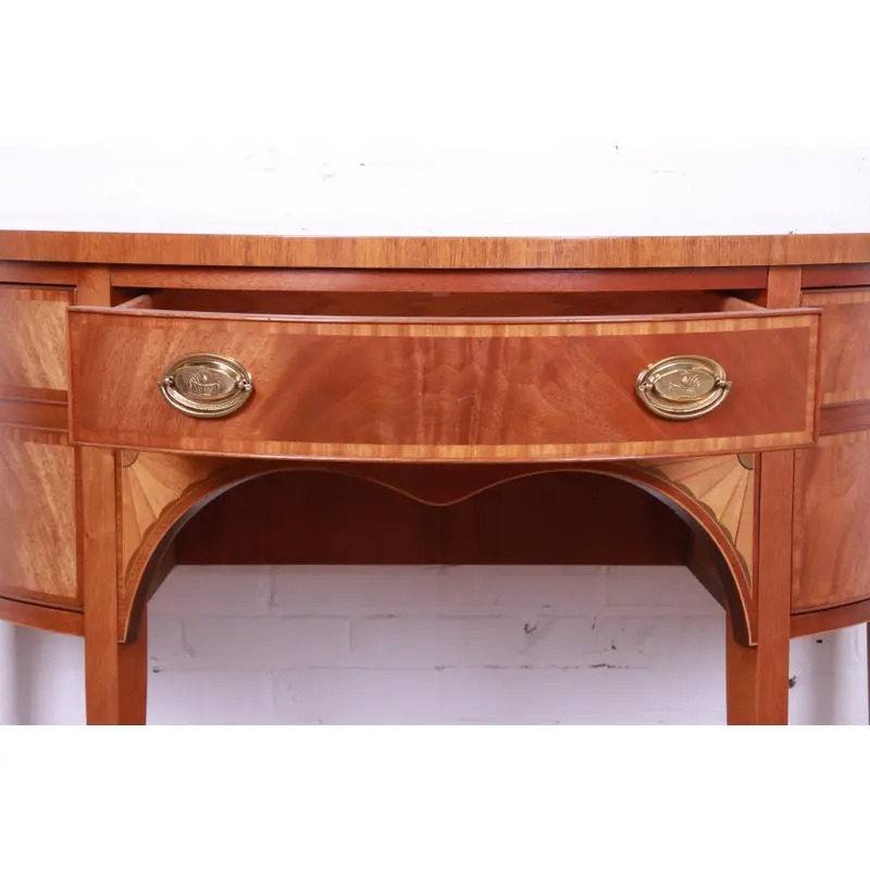 Baker Furniture Federal Inlaid Mahogany and Satinwood Demilune Cabinet - Image 8