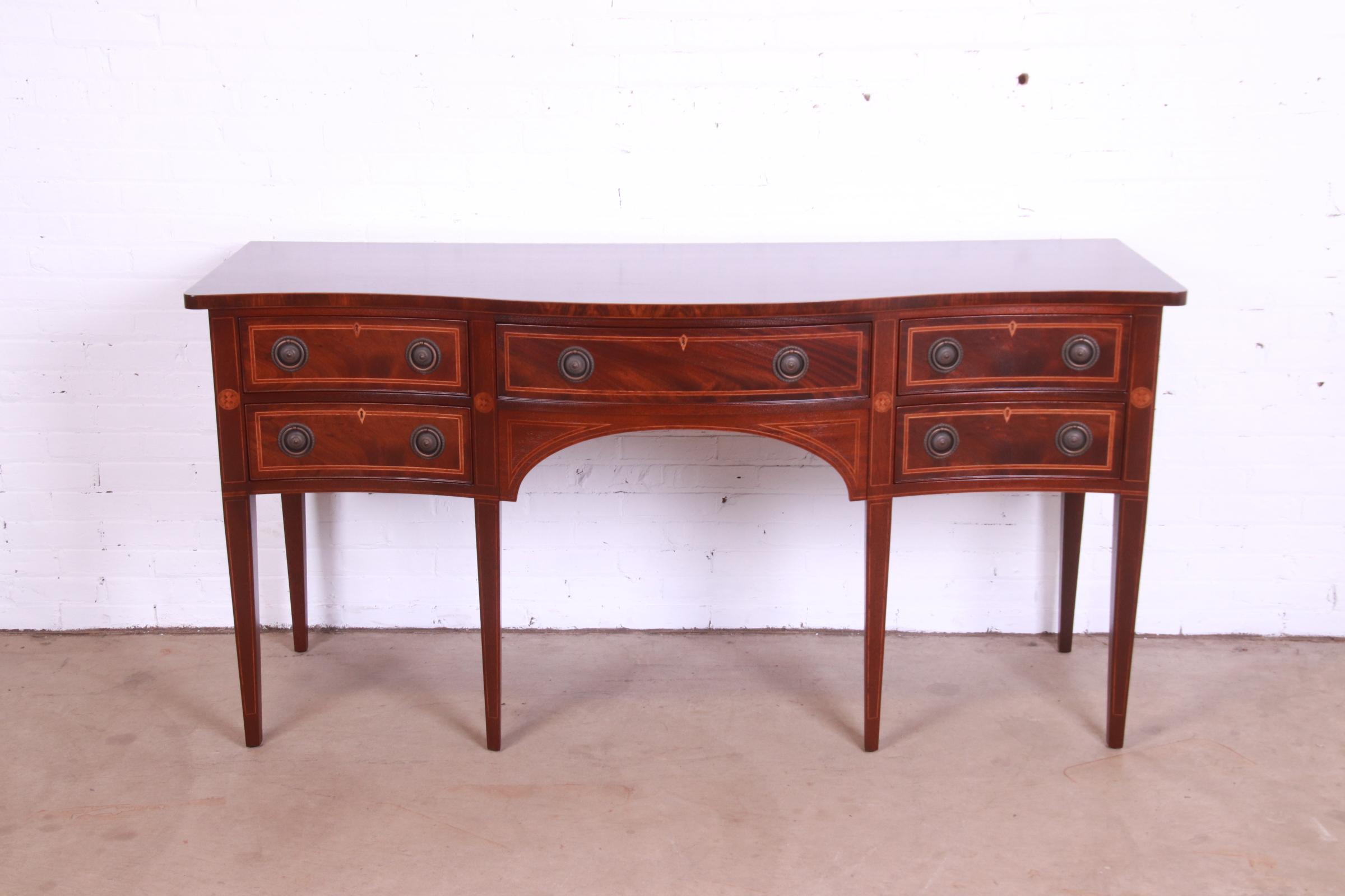 Baker Furniture Hepplewhite Flame Mahogany and Inlaid Satinwood Sideboard, Newly Refinished - Image 2